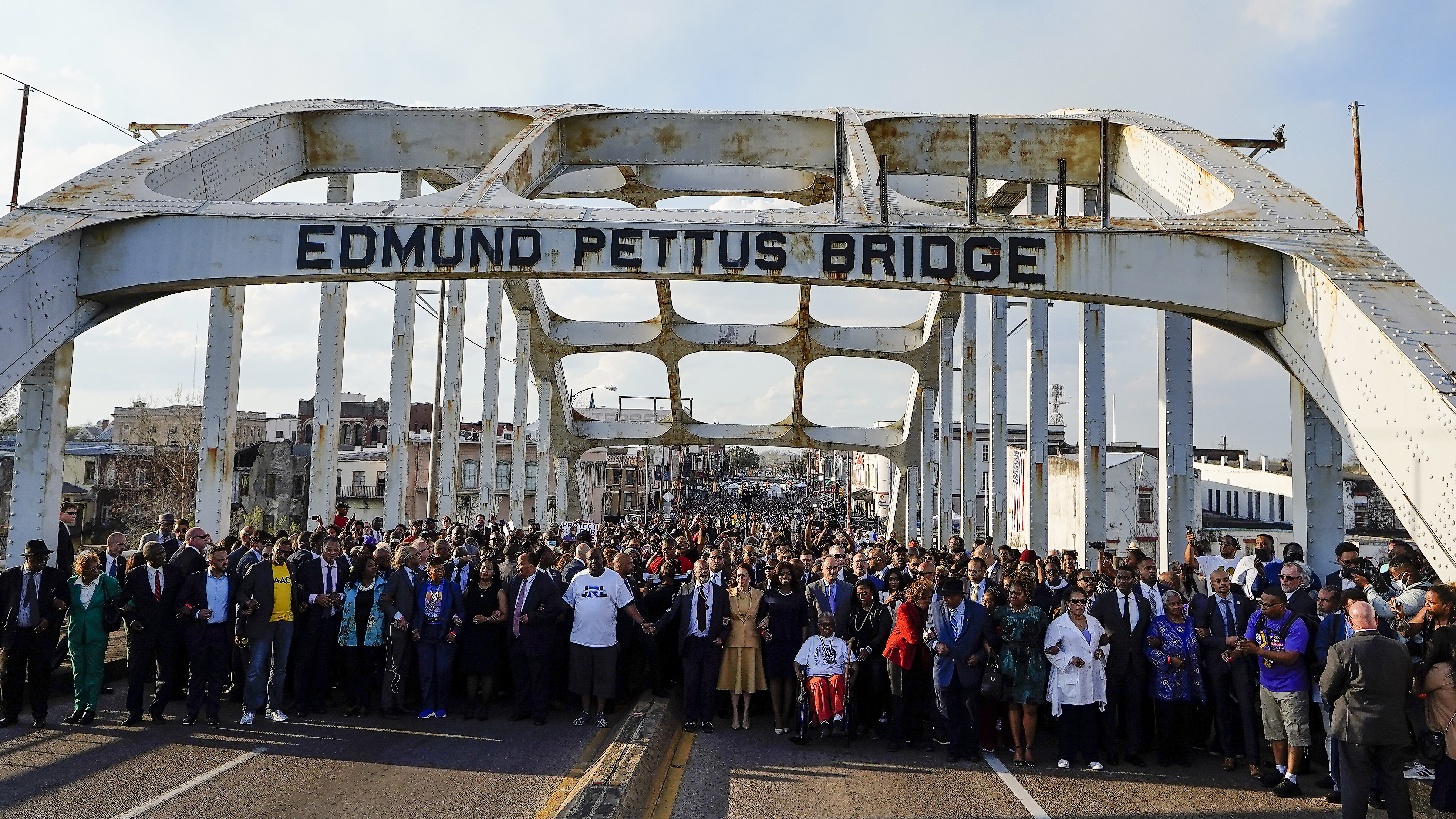 Vice President Kamala Harris marches on the Edmund Pettus Bridge after speaking in Selma, Ala., on the anniversary of "Bloody Sunday," on March 6, 2022.