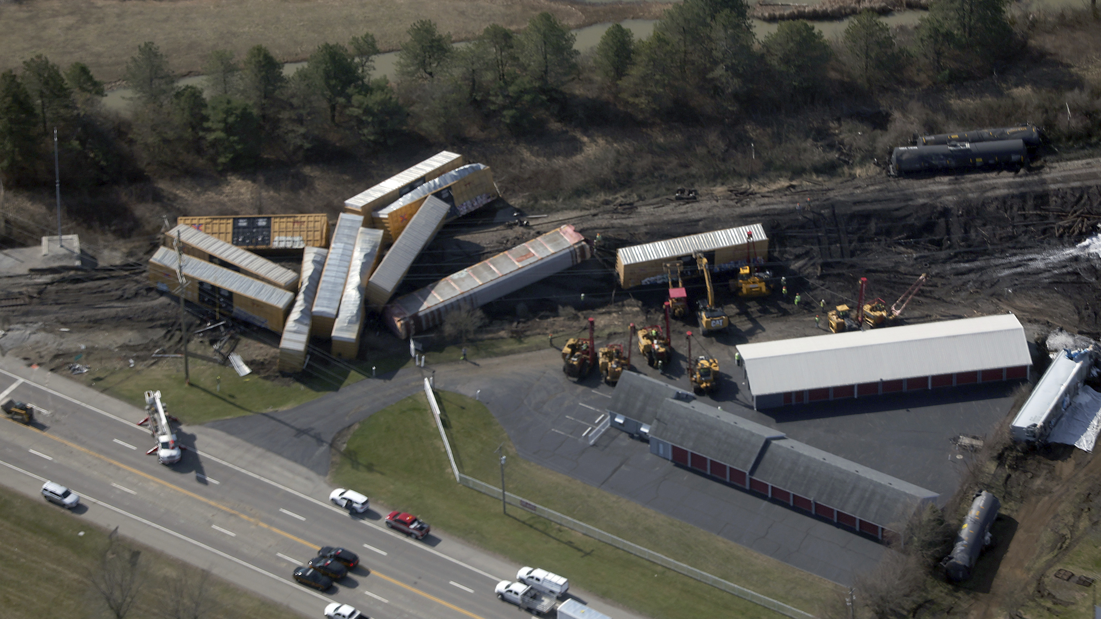 An aerial view of a Norfolk Southern Train Derailment, which sent more than 20 cars sliding off the tracks on Saturday near Springfield, Ohio.