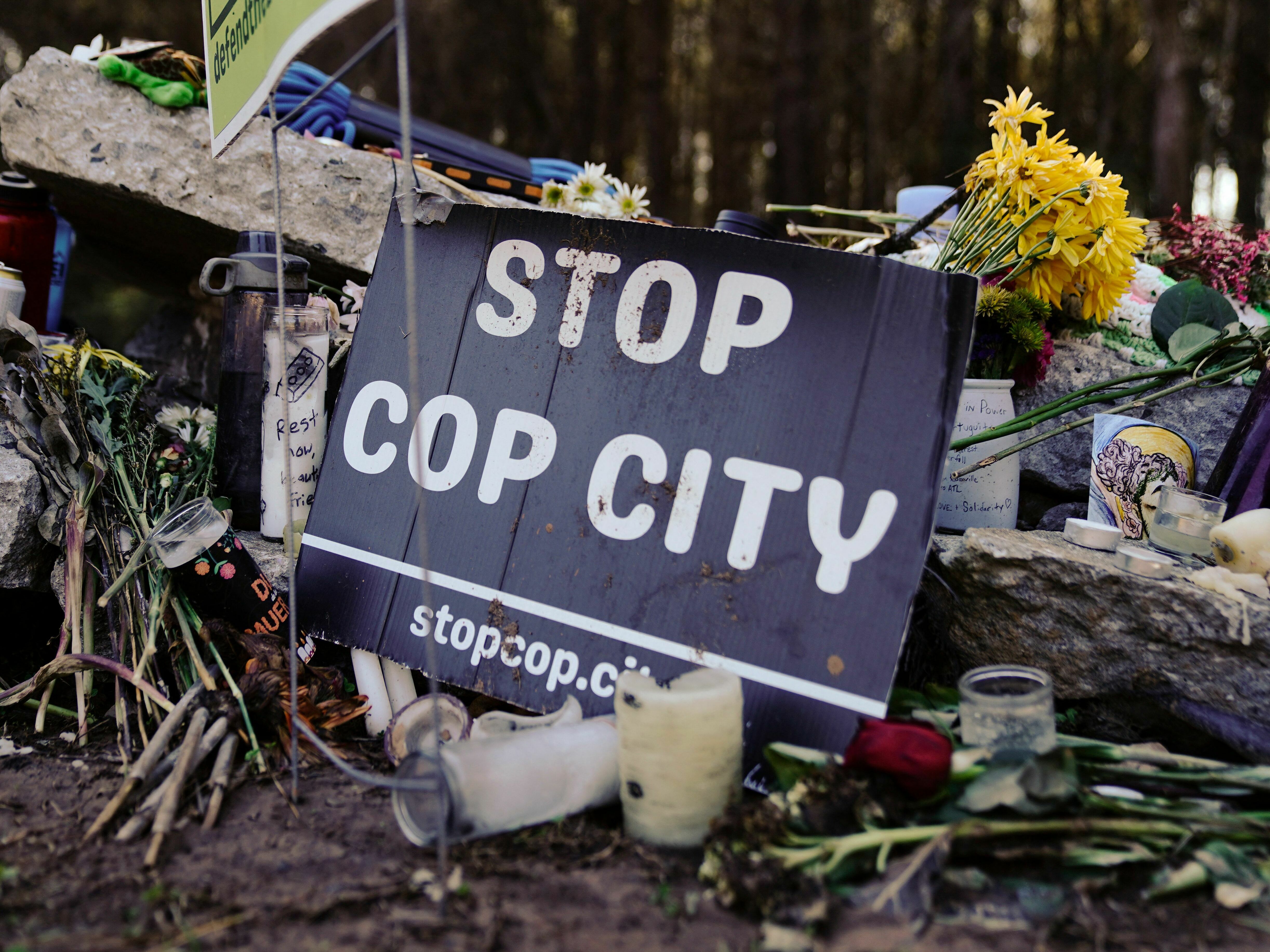 A makeshift memorial for environmental activist Manuel Esteban Paez Terán, who was shot and killed by law enforcement during a raid to clear the construction site of a police training facility that activists have nicknamed &quot;Cop City&quot; near Atlanta, is seen on Feb. 6. (AFP via Getty Images)