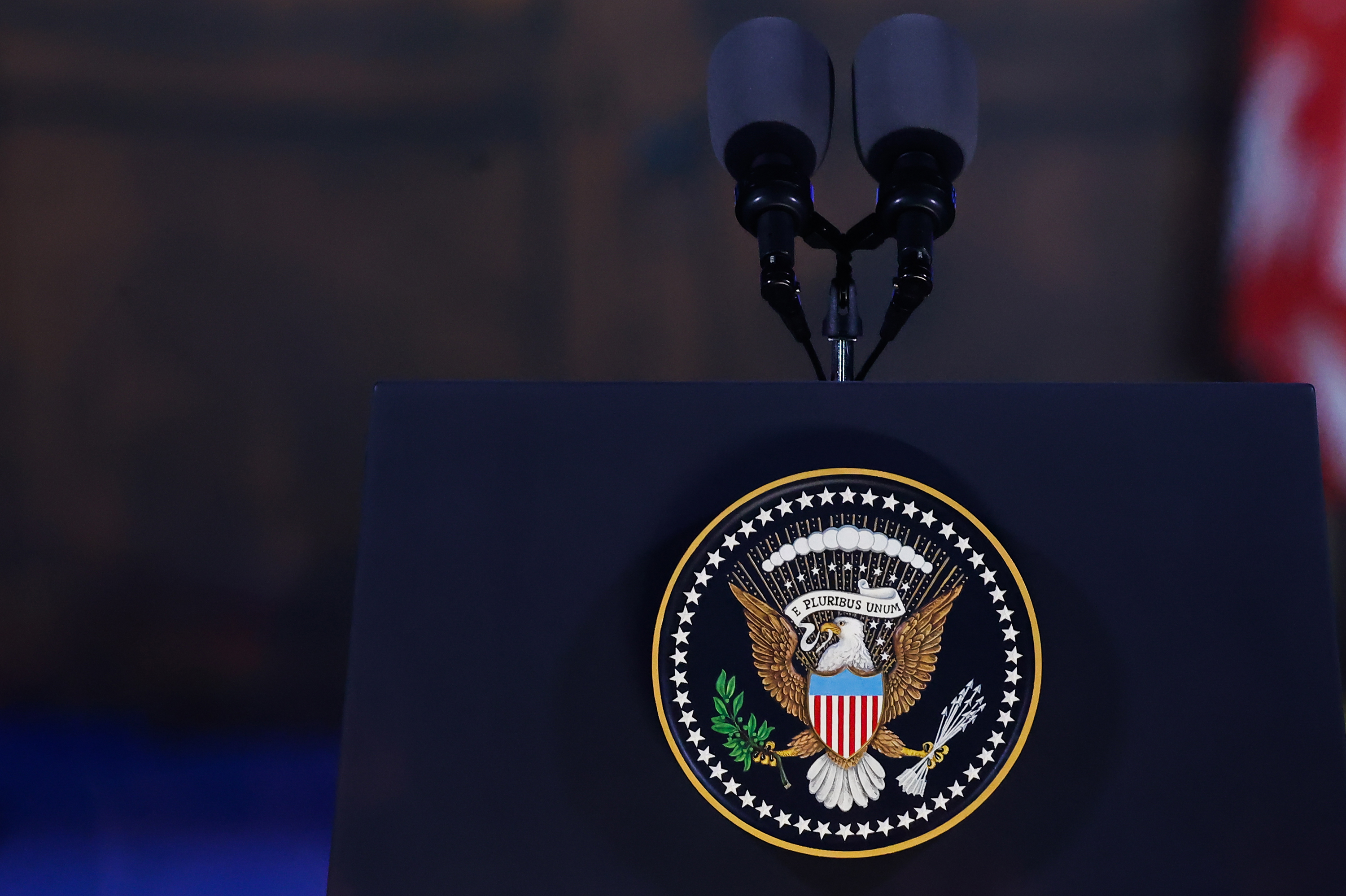 Seal of the President of the United States symbol is seen on a podium before the remarks of the President of the United States Joe Biden at the Royal Castle Gardens in Warsaw, Poland on February 21, 2023. (NurPhoto via Getty Images)