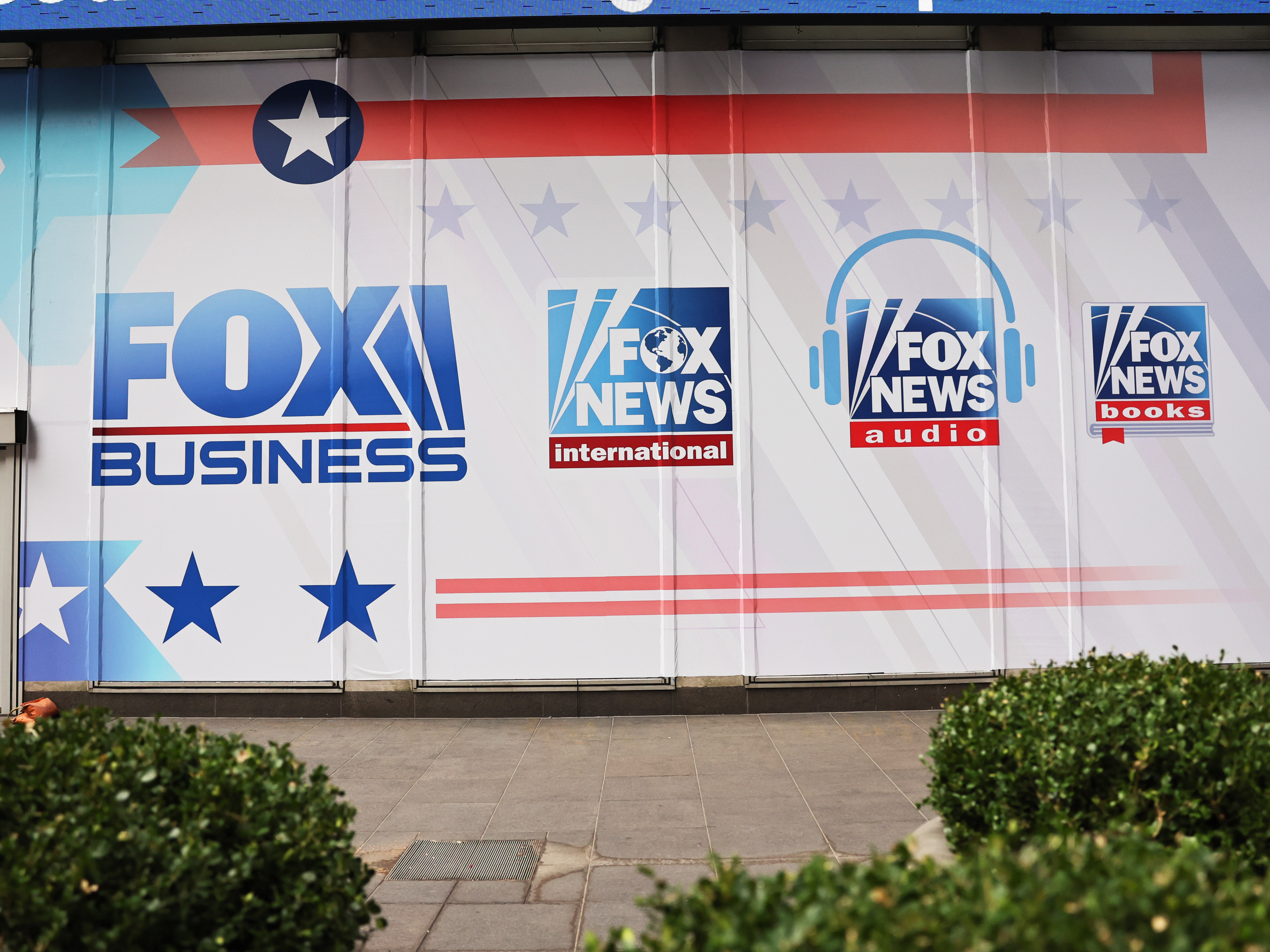 The logos for Fox programs are displayed on the News Corp. building on Jan. 25, 2023 in New York City. (Getty Images)