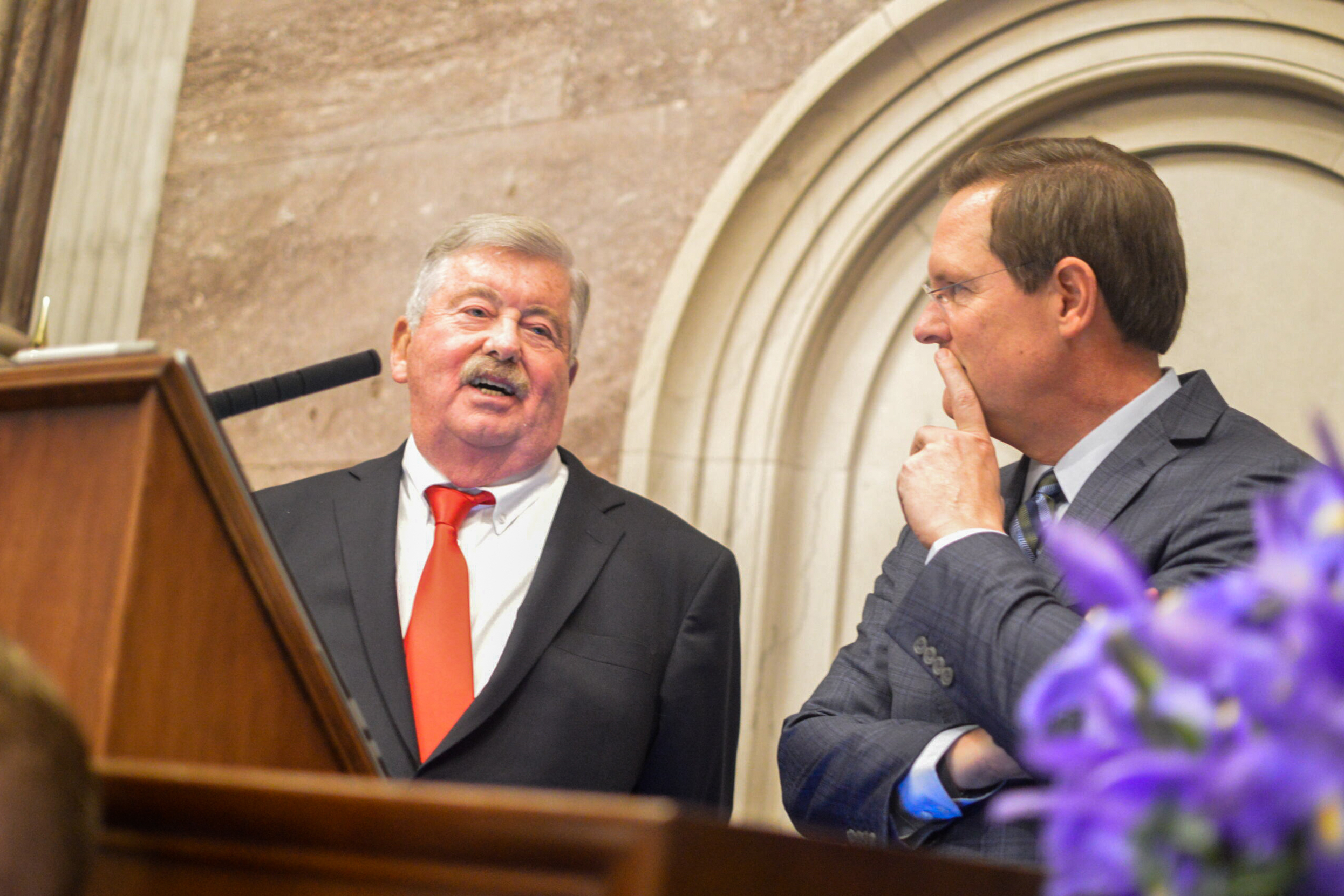 Tennessee House Speaker Cameron Sexton and Lt. Gov. Randy McNally speak ahead of Gov. Bill Lee's State of the State Address. Monday, Feb. 06, 2023, in Nashville, Tenn. (WPLN)