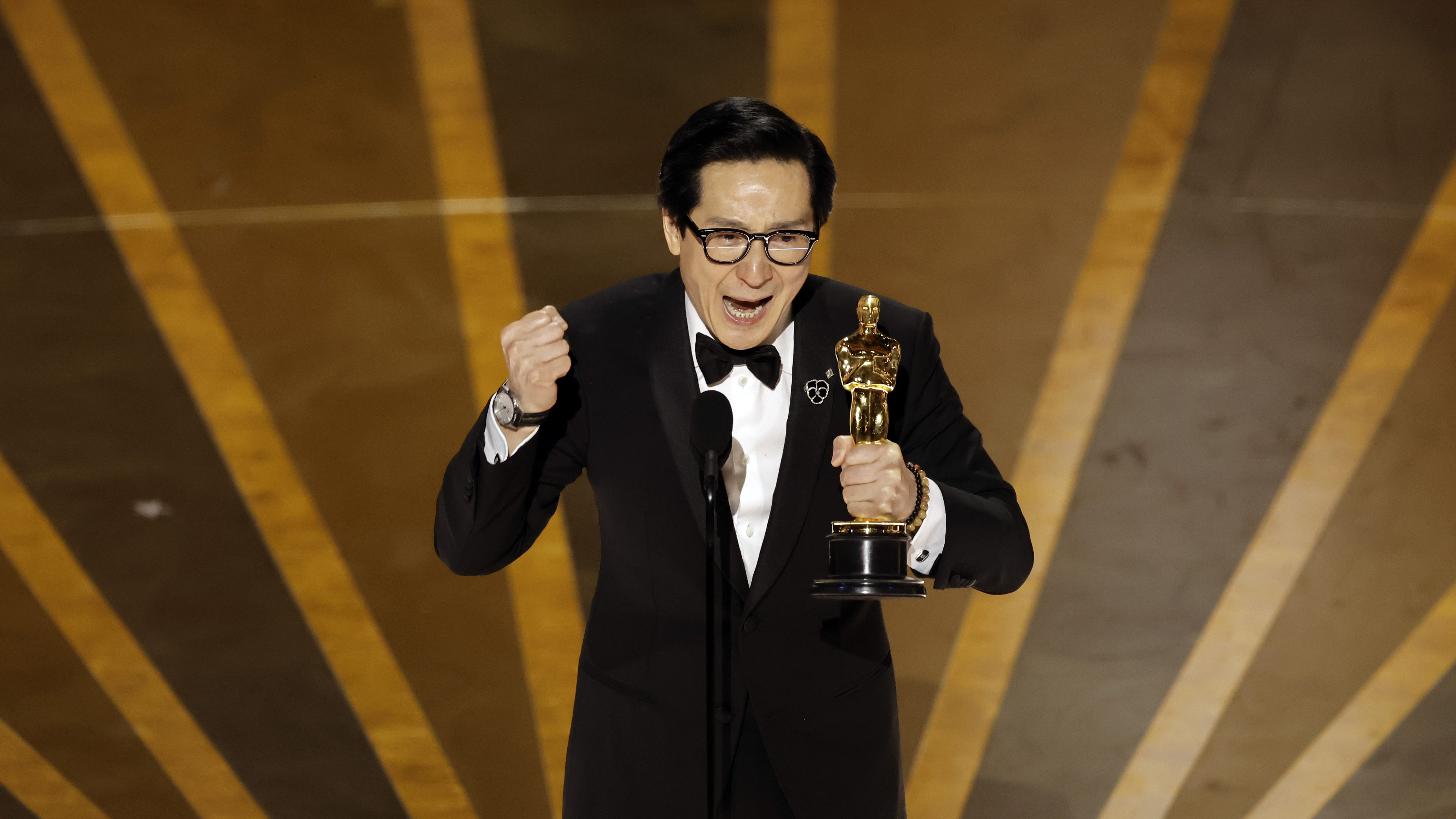 Ke Huy Quan accepts the Academy Award for best supporting actor for Everything Everywhere All at Once at the 95th Annual Academy Awards at Dolby Theatre on March 12, 2023 in Hollywood, Calif.