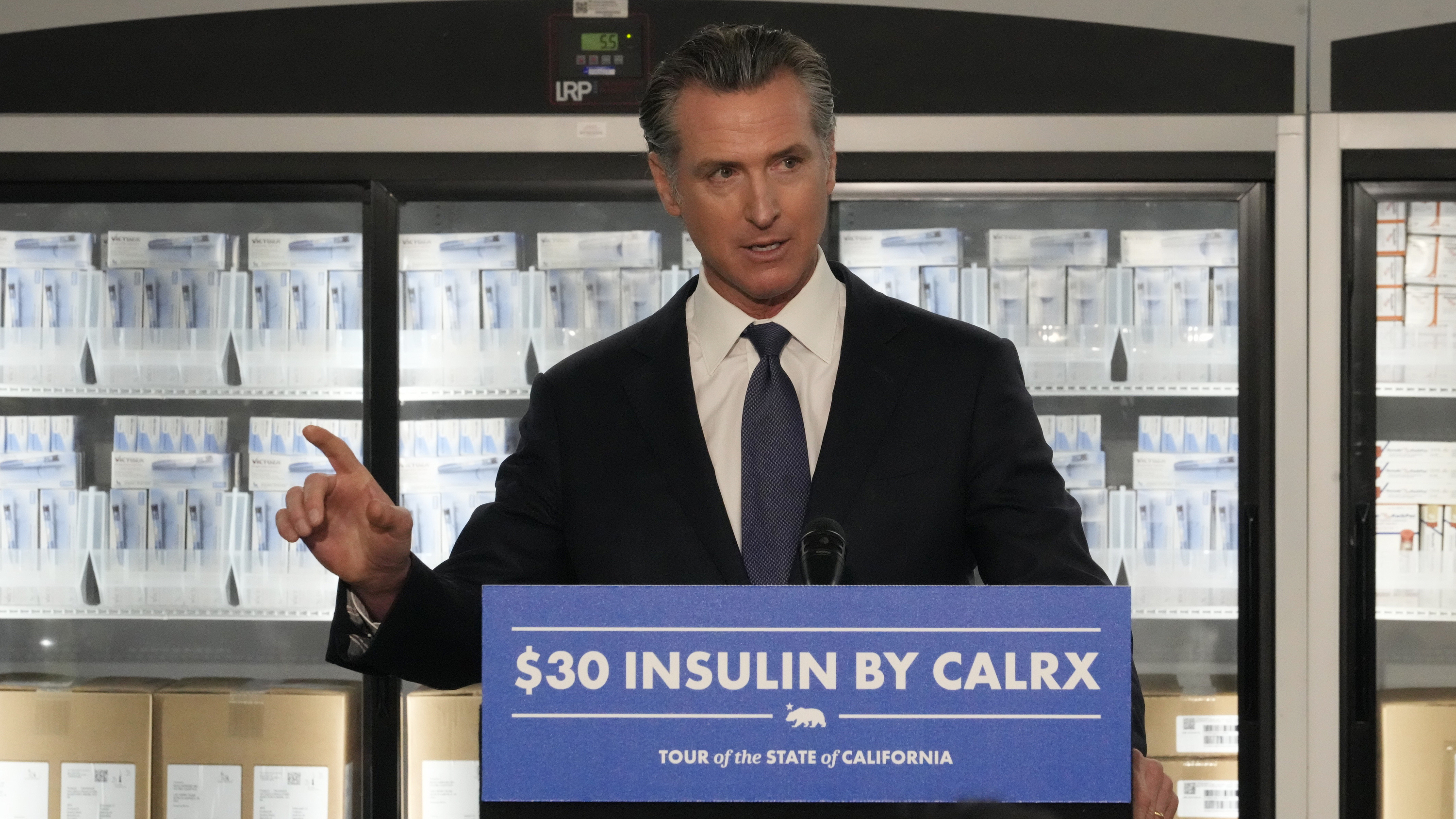 California Gov. Gavin Newsom on Saturday announced a partnership with drugmaker Civica Rx, to offer insulin at a dramatically lower cost, during a visit to a Kaiser Permanente warehouse storing thousands of insulin drug doses in Downey, Calif., on Saturday.