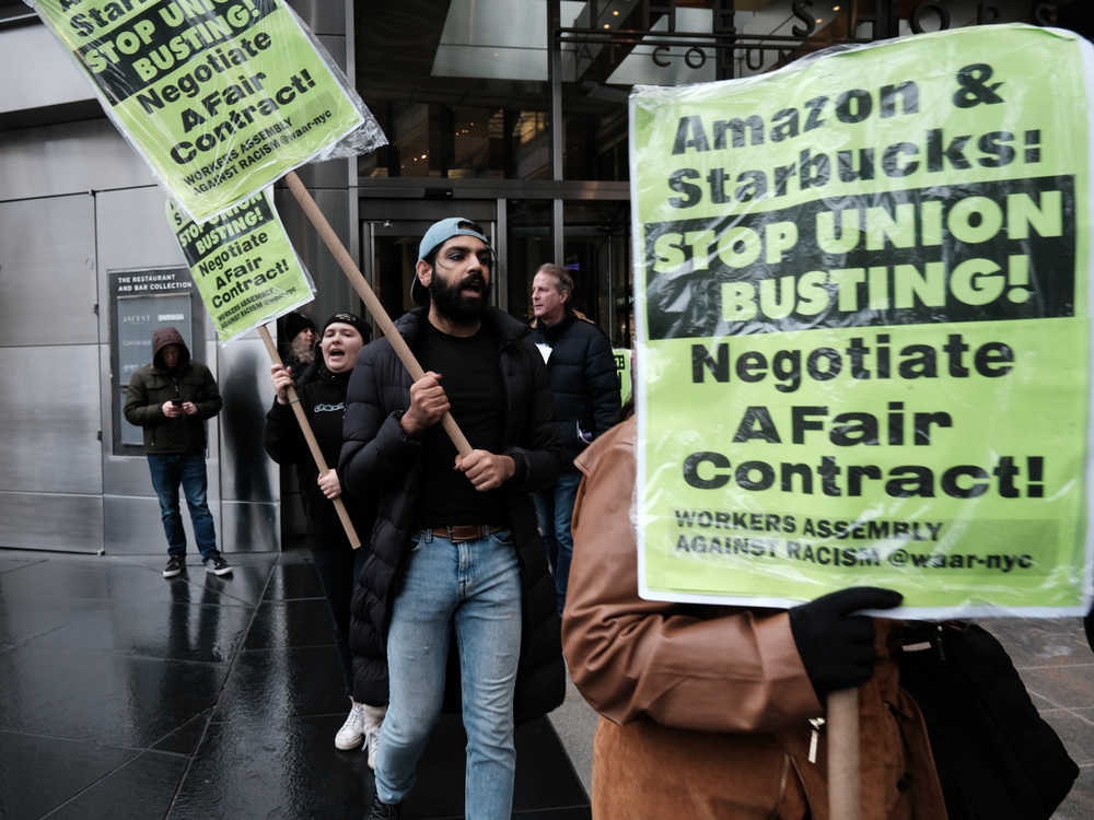 Members of the Amazon Labor Union and others protest outside the New York Times DealBook Summit on Nov. 30, 2022, as Amazon CEO Andy Jassy is scheduled to speak. (Getty Images)