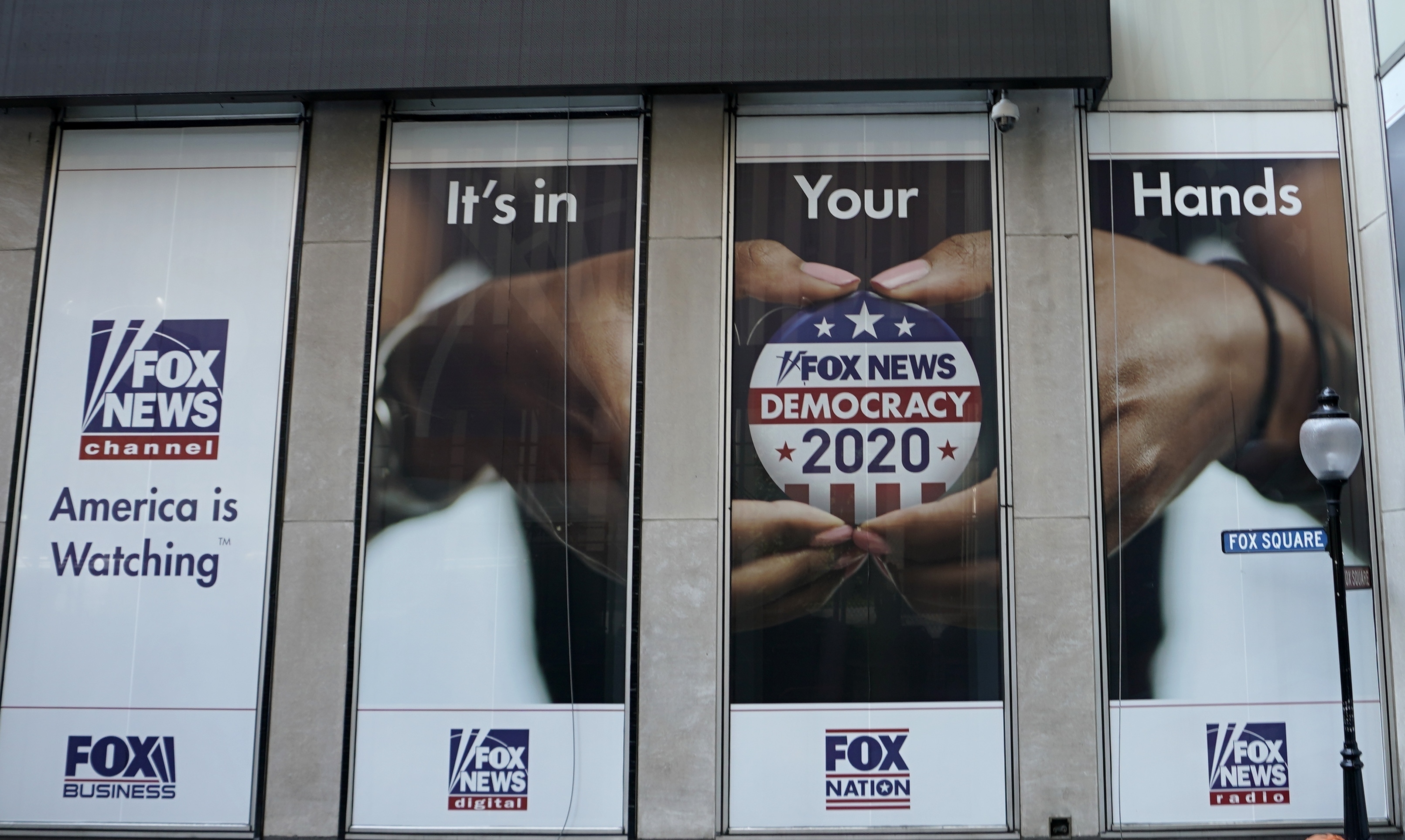 Former Fox producer Abby Grossberg is alleging the network's attorneys pressured her to portray the network in a favorable light in testimony about what happened after the 2020 election. Here, a display outside the Fox News headquarters in New York in July 2020. (AFP via Getty Images)