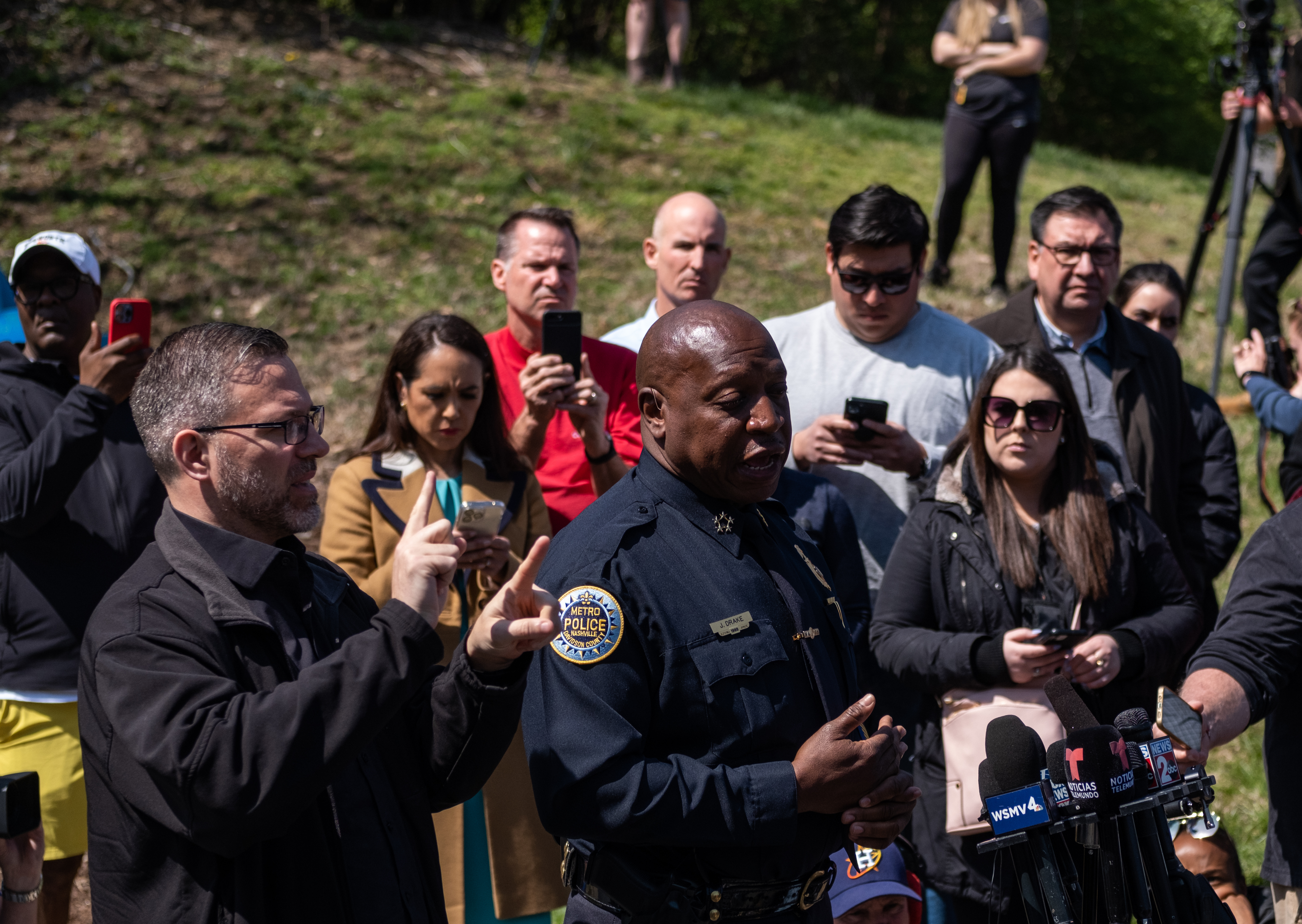 Nashville Police Chief John Drake speaks at a news briefing on Tuesday at the entrance to the Covenant School in Nashville, Tennessee. (Getty Images)