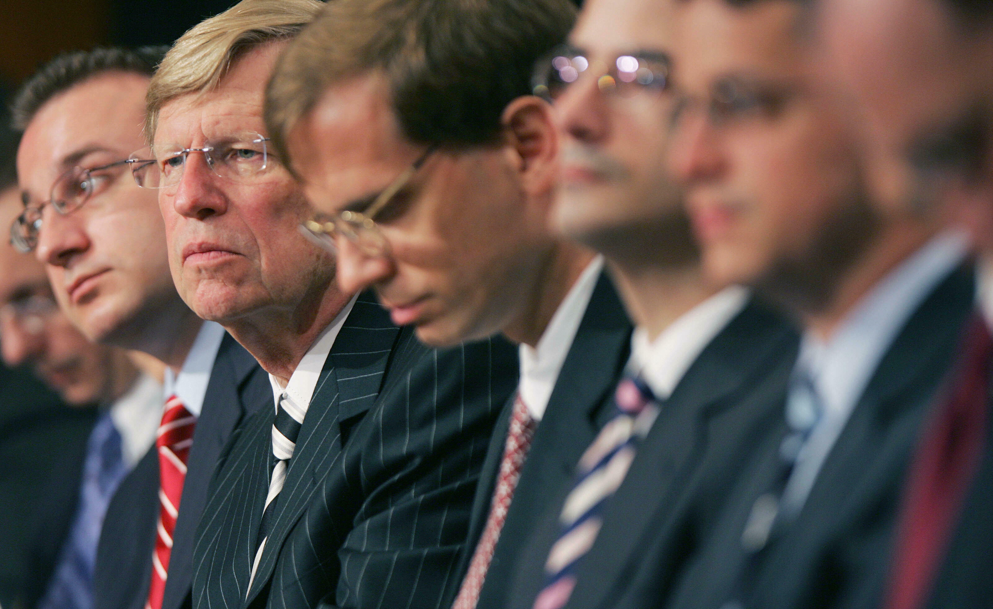 Former Solicitor General Ted Olson (second from left) sits with Bush administration lawyers during the Senate Judiciary Committee's hearing on Guantánamo detainees on July 11, 2006, on Capitol Hill in Washington, D.C. (AFP via Getty Images)