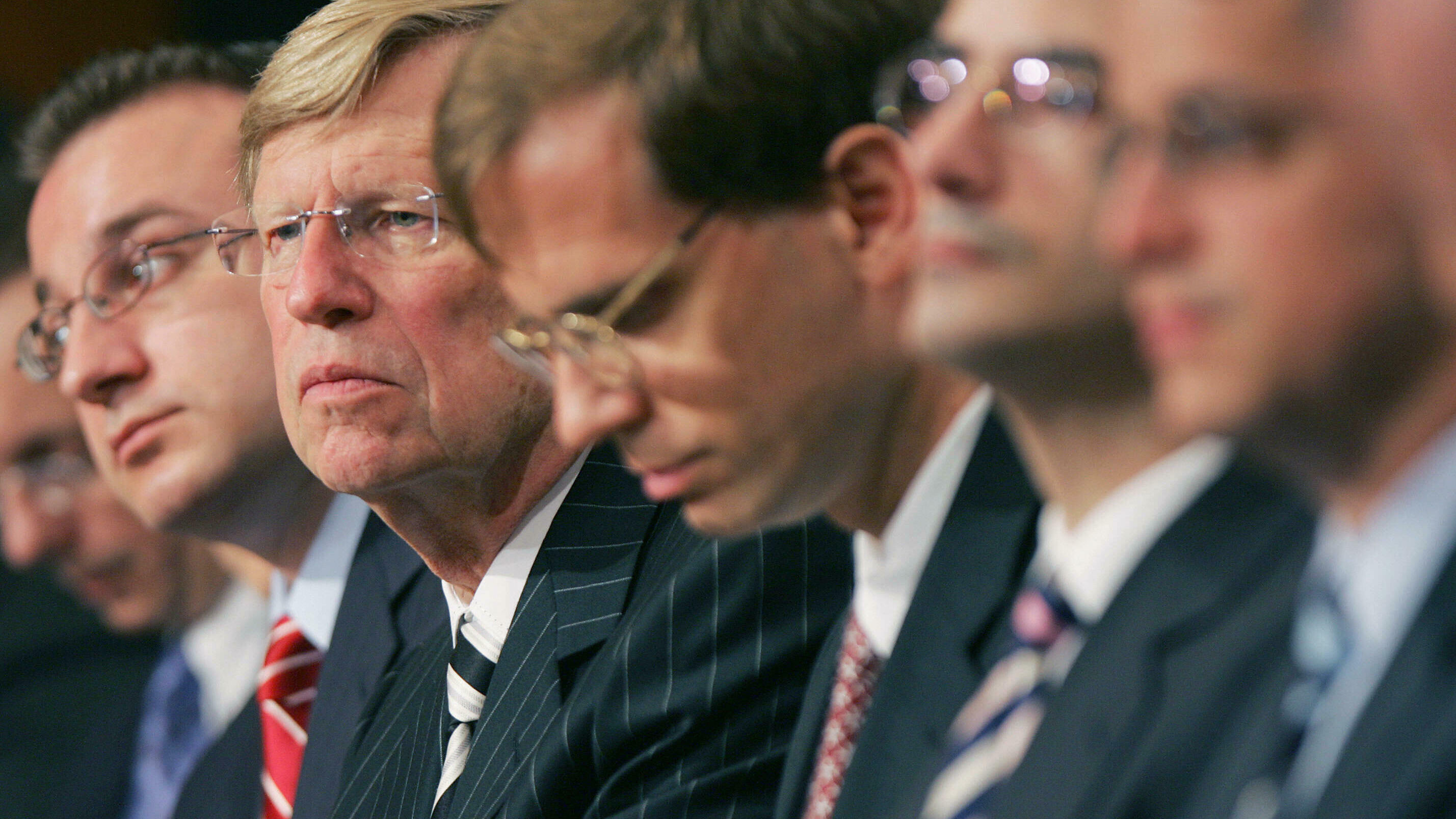 Former Solicitor General Ted Olson (second from left) sits with Bush administration lawyers during the Senate Judiciary Committee's hearing on Guantánamo detainees on July 11, 2006, on Capitol Hill in Washington, D.C.