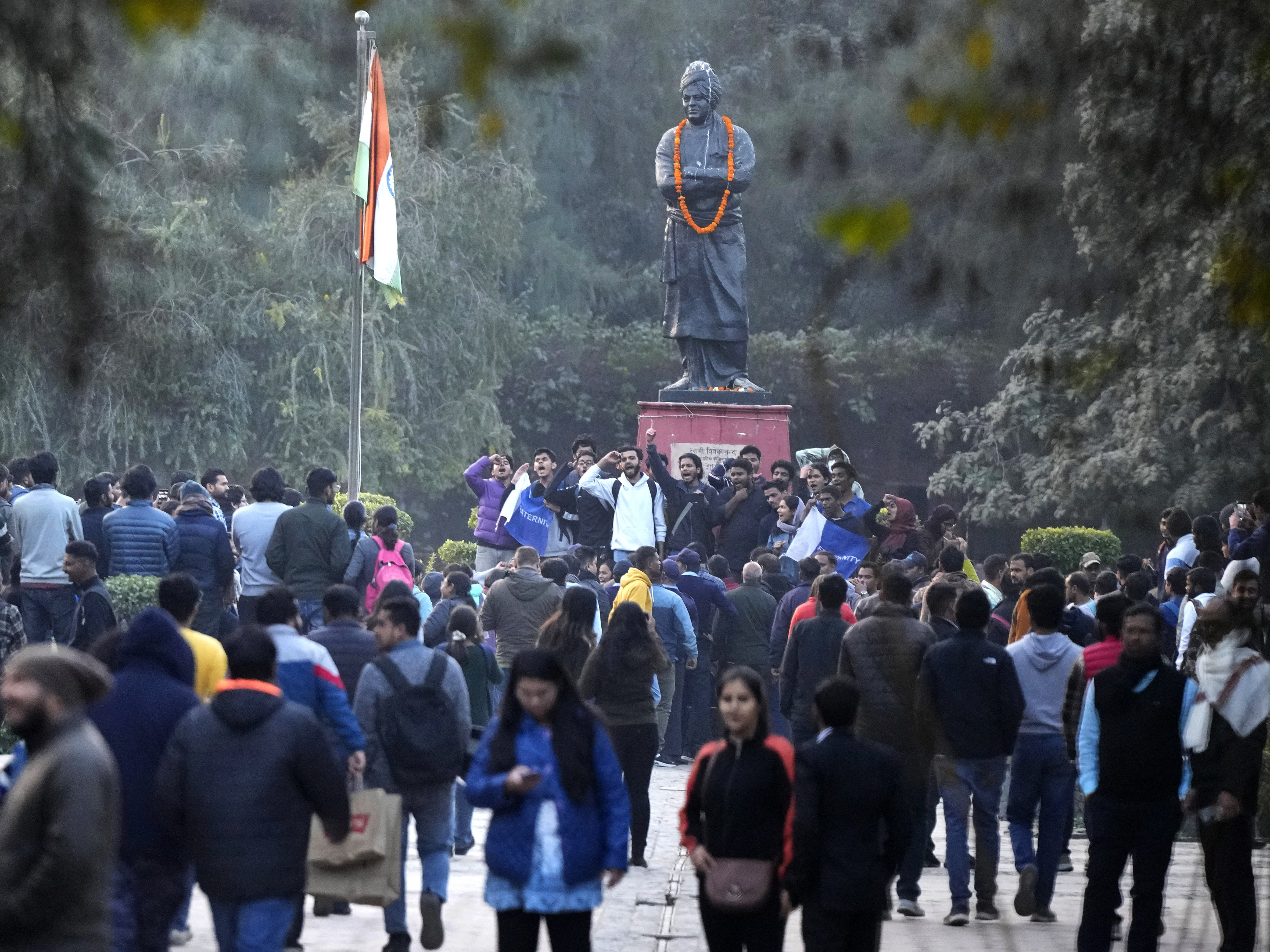With raids, arrests and hostile takeovers, India press freedom continues to decline 3 A group of students shout anti-government slogans as they are not allowed to screen a BBC documentary at Delhi University, Jan. 27. Tensions escalated at the university after a student group said it planned to screen the documentary examining Indian Prime Minister Narendra Modi's role during 2002 anti-Muslim violence, prompting dozens of police to gather outside campus gates.