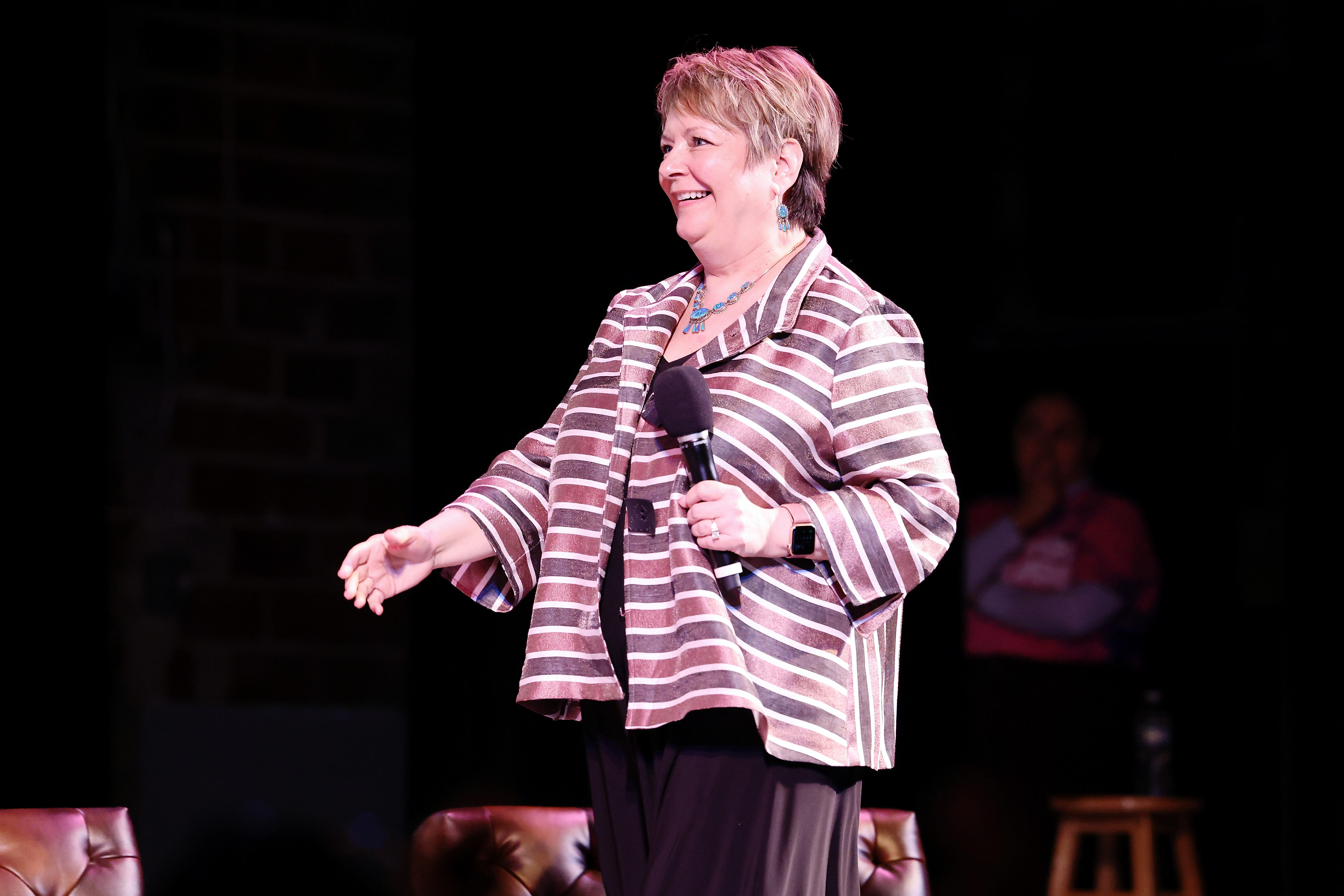 Judge Janet Protasiewicz onstage during the live taping of "Pod Save America," at the Barrymore Theater on March 18, 2023, in Madison, Wis.