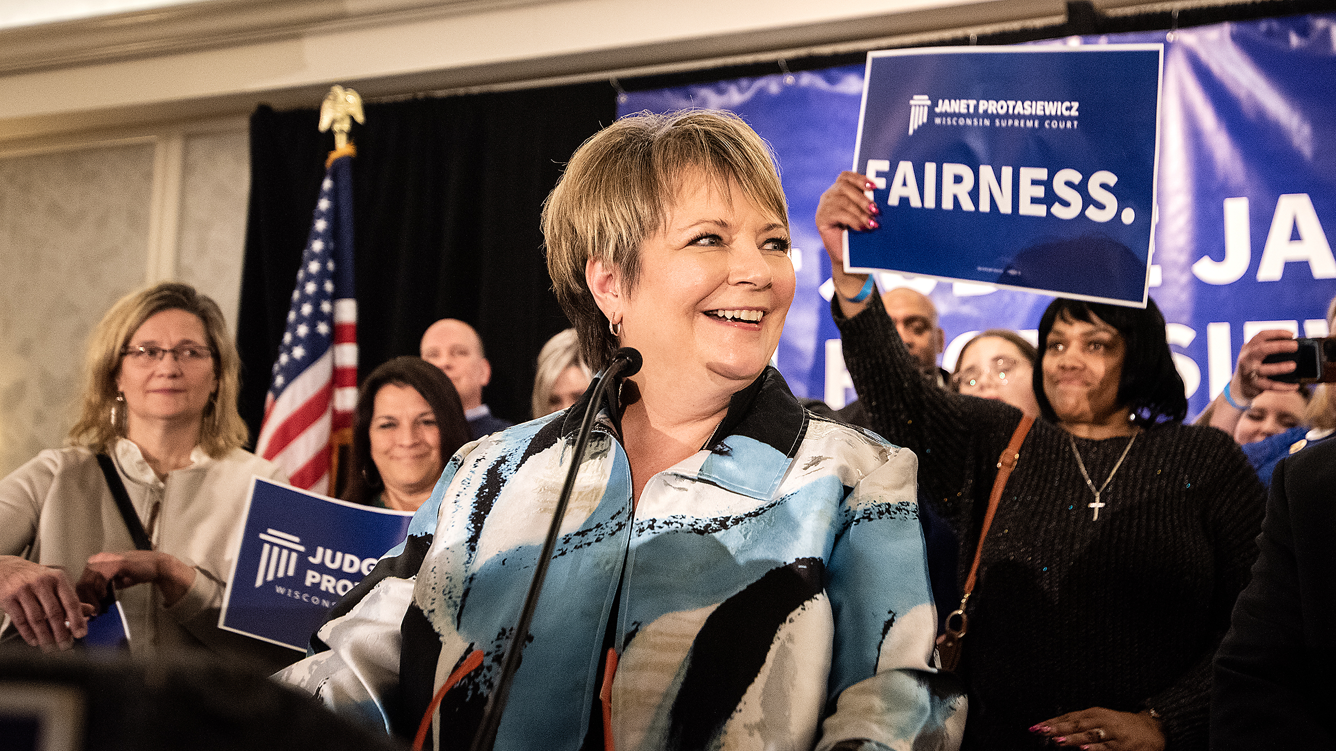Judge Janet Protasiewicz delivers her victory speech after winning a seat on the Wisconsin Supreme Court on Tuesday, April 4, 2023, in Milwaukee, Wis.