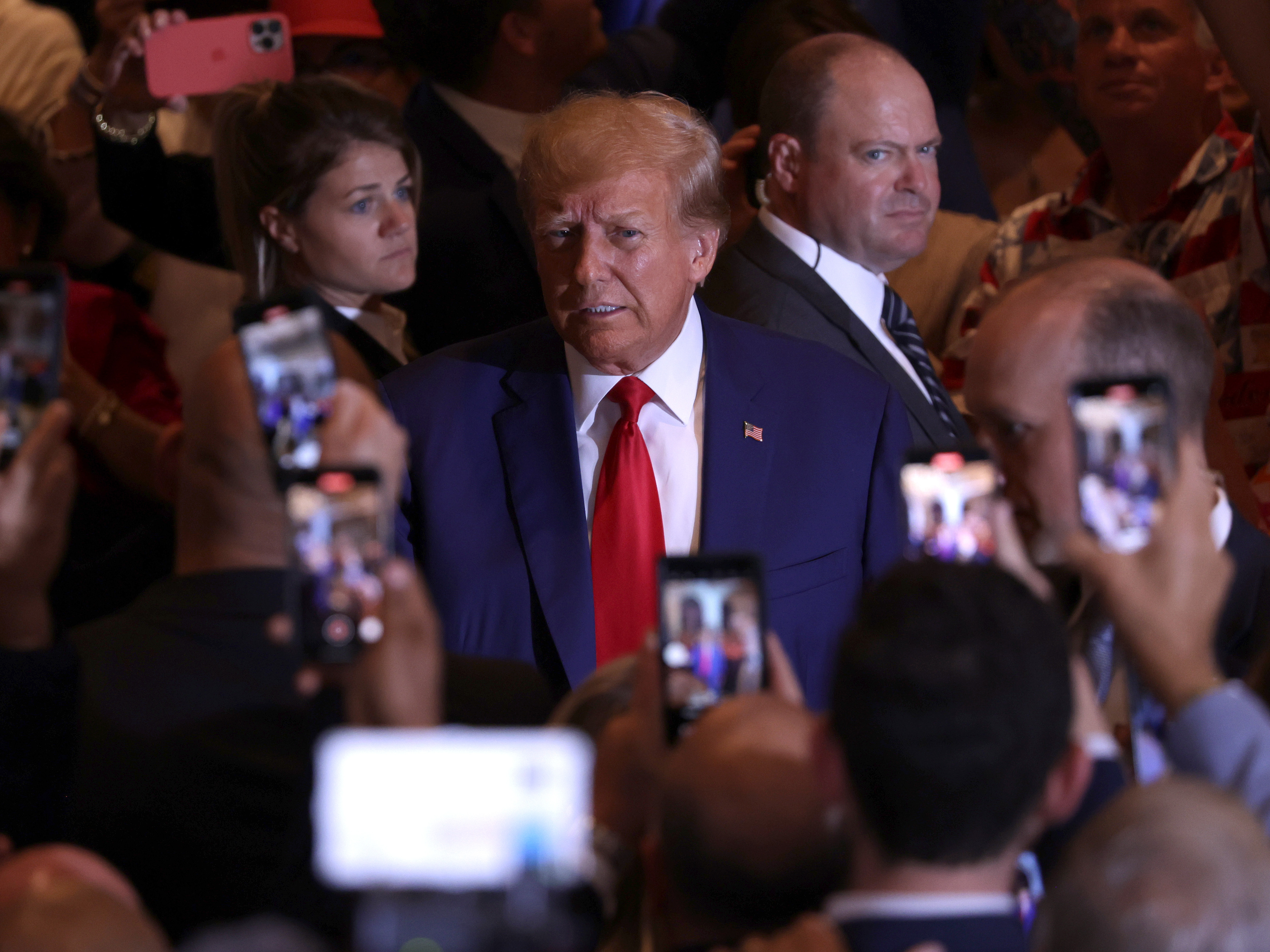 Former President Donald Trump arrives at an event Tuesday evening at his Mar-a-Lago estate in Palm Beach, Fla., after pleading not guilty in New York to 34 felony counts. (Getty Images)