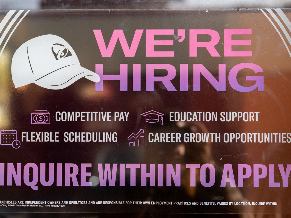 A call for employment sign is displayed at a Taco Bell in Austin, Texas, on March 10, 2023. The labor market is slowing as higher interest rates start to filter through the economy. (Getty Images)