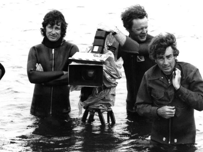 Director Steven Spielberg, camera operator Michael Chapman and cinematographer Bill Butler on the set of the Universal Pictures production of 'Jaws' in 1975. (Michael Ochs Archives/Getty Images)