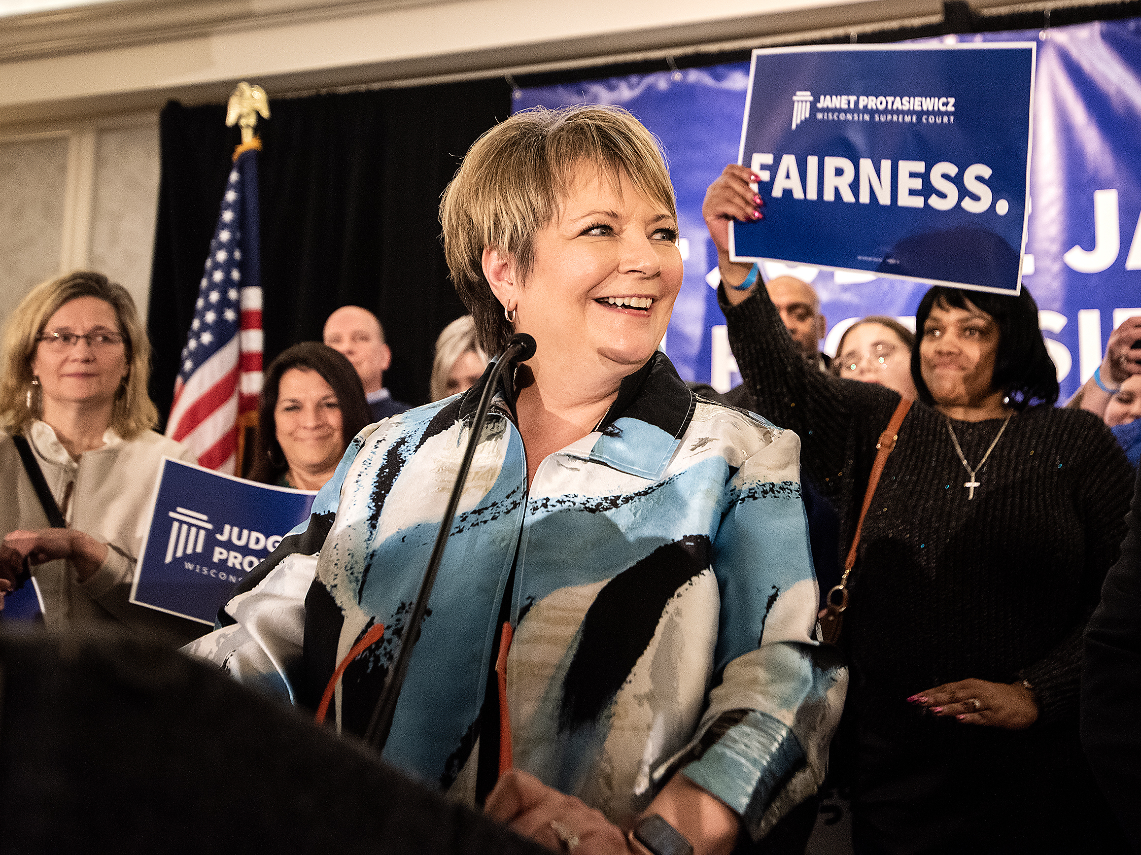 Judge Janet Protasiewicz delivers her victory speech after winning a seat on the Wisconsin Supreme Court on Tuesday, April 4, 2023, in Milwaukee, Wis. (WPR)