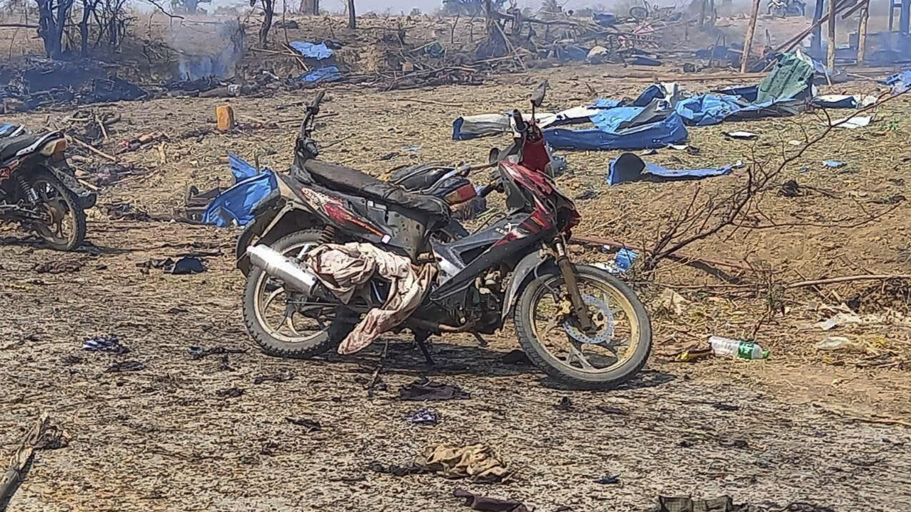 This photo provided by the Kyunhla Activists Group shows aftermath of an airstrike in Pazigyi village in Sagaing Region