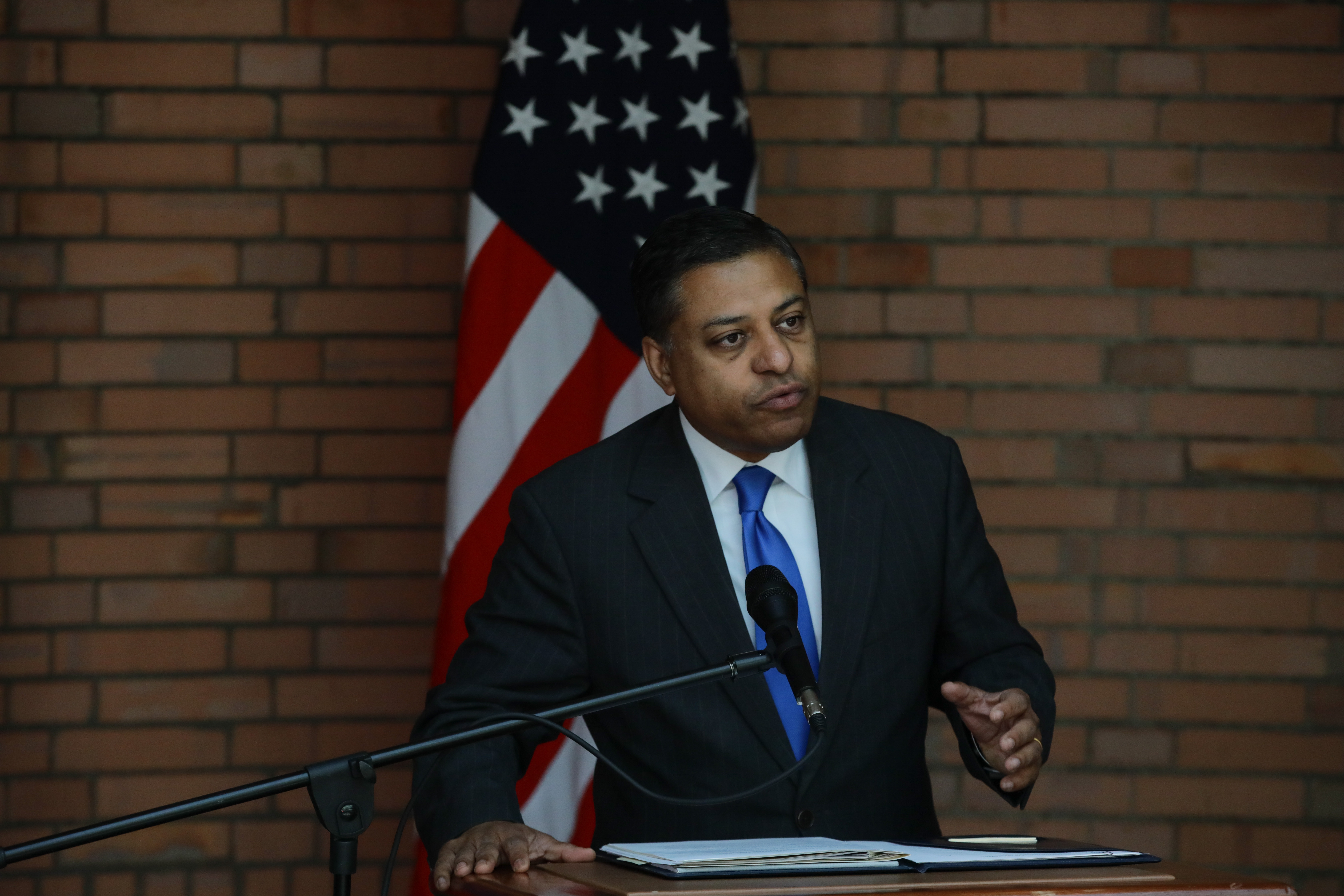 Dr. Rahul Gupta, director of the White House Office of National Drug Control Policy, speaks at a press conference at the Superior Council of the Judiciary in Bogota, Colombia on Aug. 23, 2022. (Anadolu Agency via Getty Images)