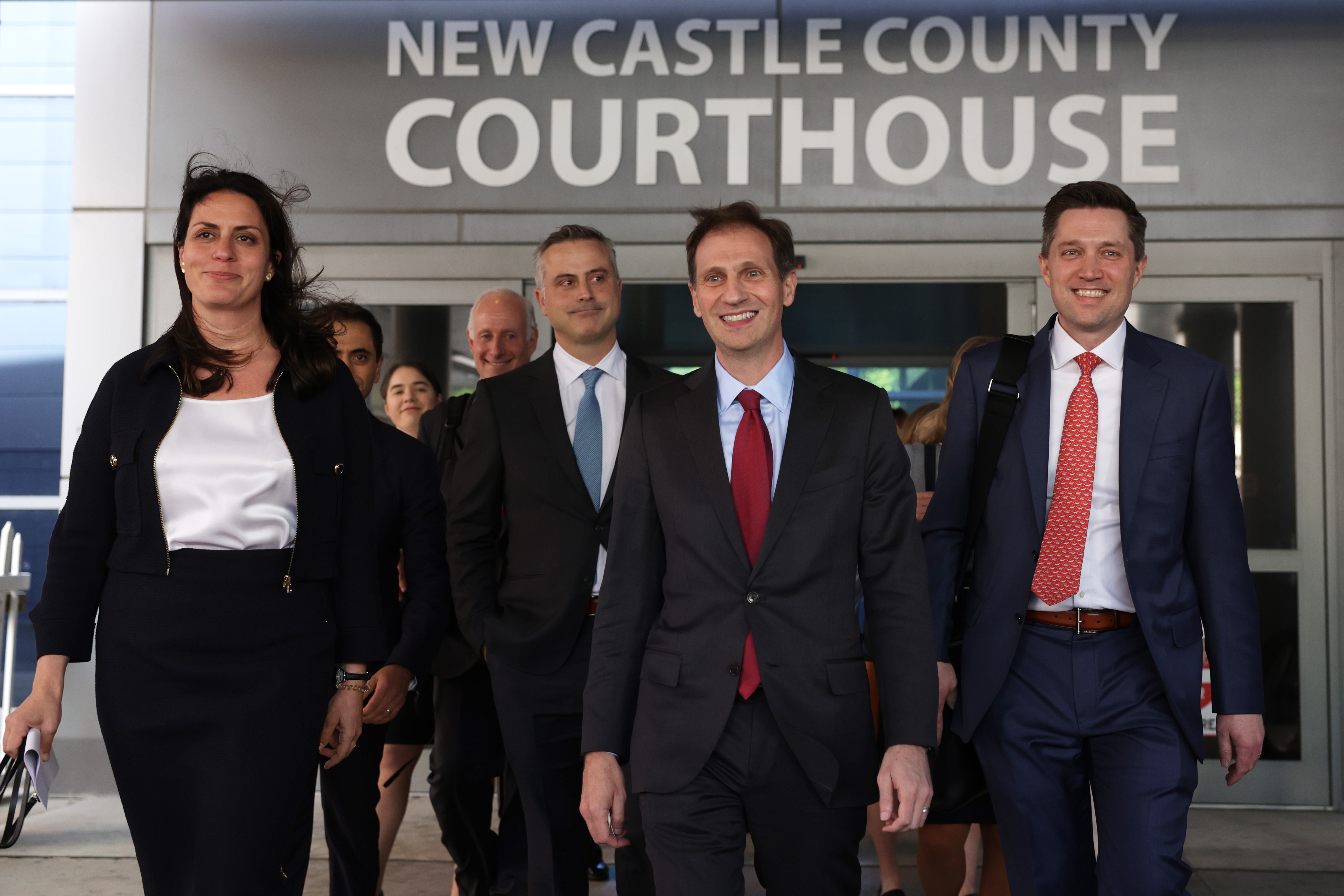 Dominion Voting Systems CEO John Poulos, third from right, leaves with members of his legal team, including Davida Brook, left, Justin Nelson, third from left and Stephen Shackelford, right, from the Leonard Williams Justice Center in Wilmington, Del., shortly after Dominion reached a $787.5 million settlement with Fox News. (Getty Images)