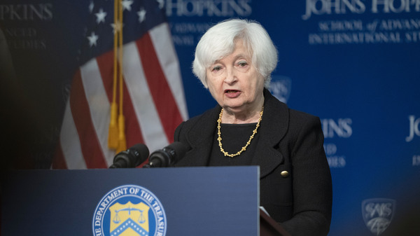 Treasury Secretary Janet Yellen speaks on the U.S.-China economic relationship at Johns Hopkins University School of Advanced International Studies, Thursday, in Washington.