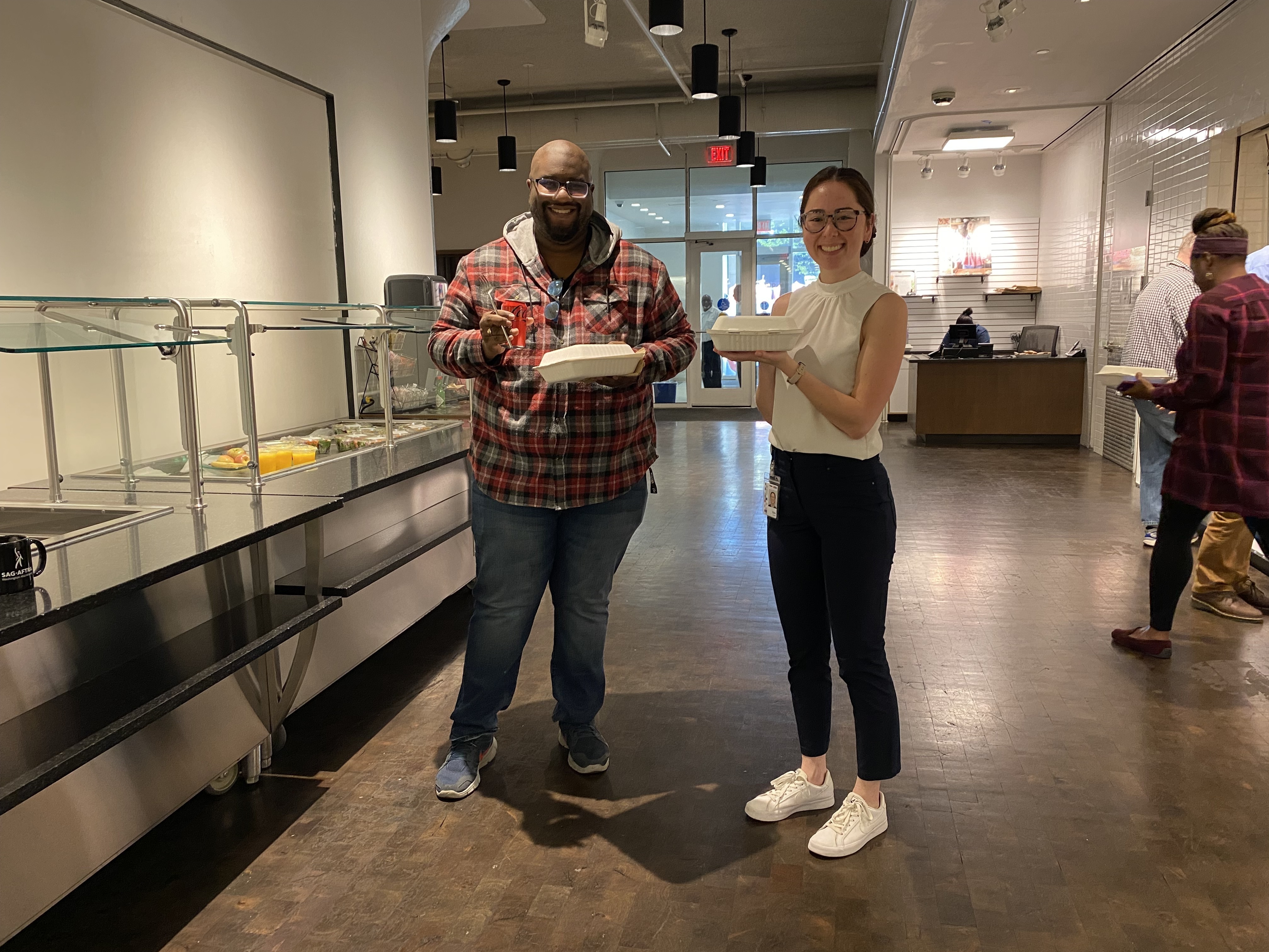 J.C. Howard (Producer, How I Built This) and Claire Murashima in Sound Bites Café, which serves breakfast and lunch on weekdays.