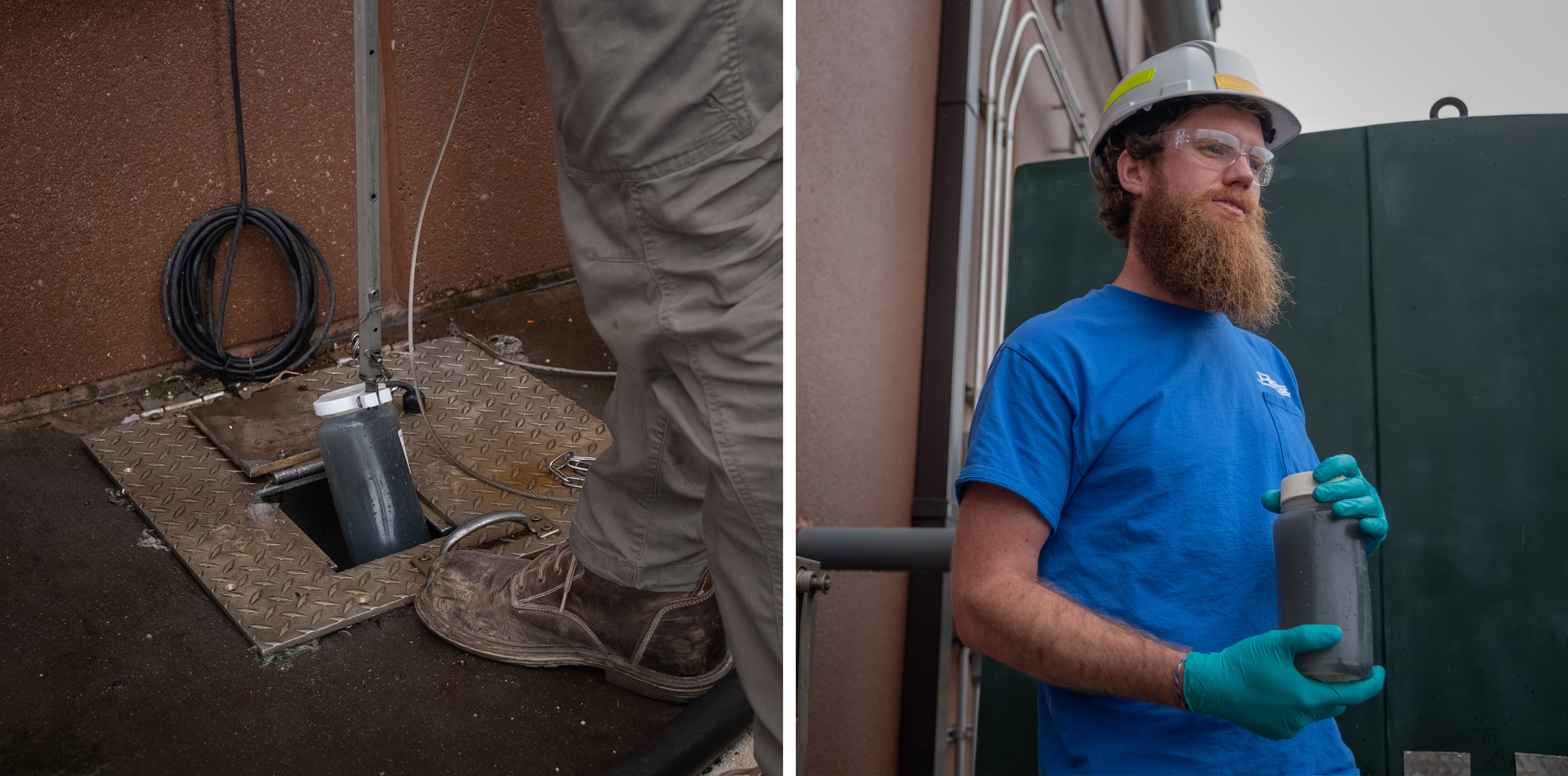 Tracking health threats, one sewage sample at a time 3 Nelson lifts a sterile plastic bottle at the end of a pole filled with murky wastewater. The water sample he retrieves will become useful information on the levels of COVID in the nearby community.