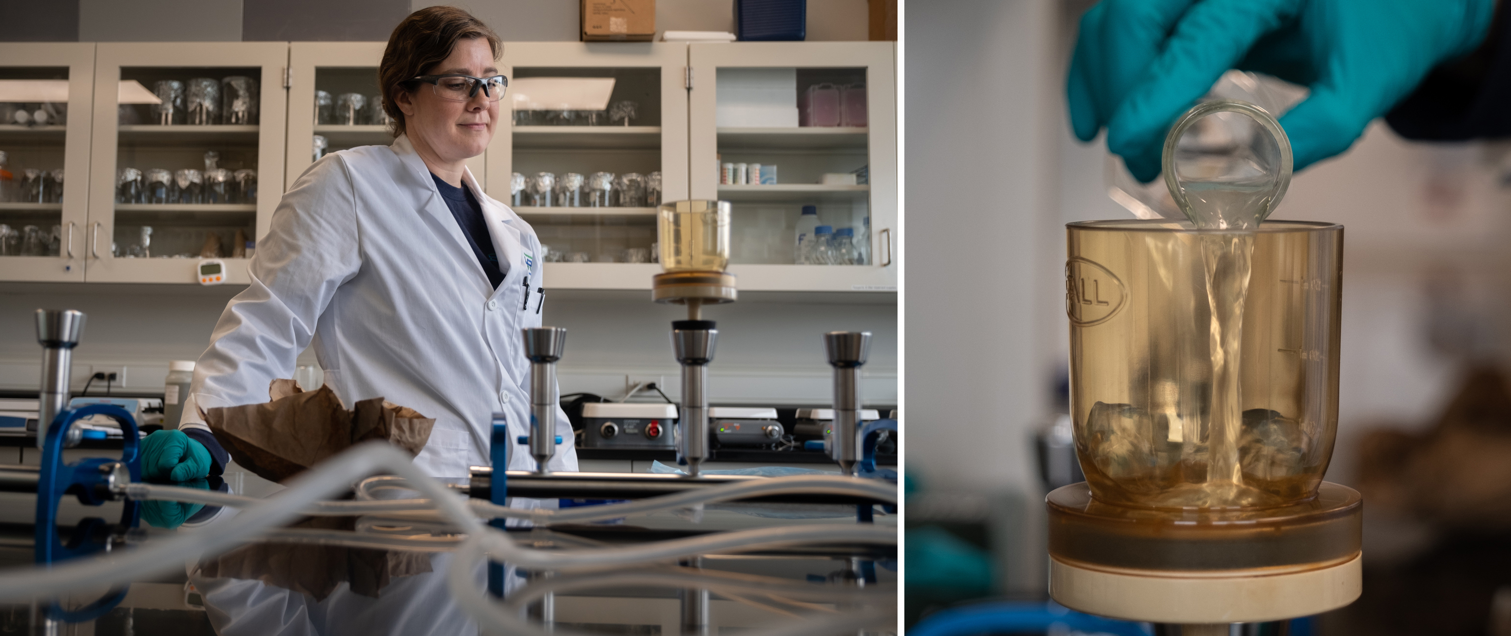 Tracking health threats, one sewage sample at a time 5 Kat Yetka (left) pours the wastewater sample over a filter (right), negatively-charged to better capture COVID virus particles, at a Hampton Road Sanitation District lab in Virginia Beach, Va.