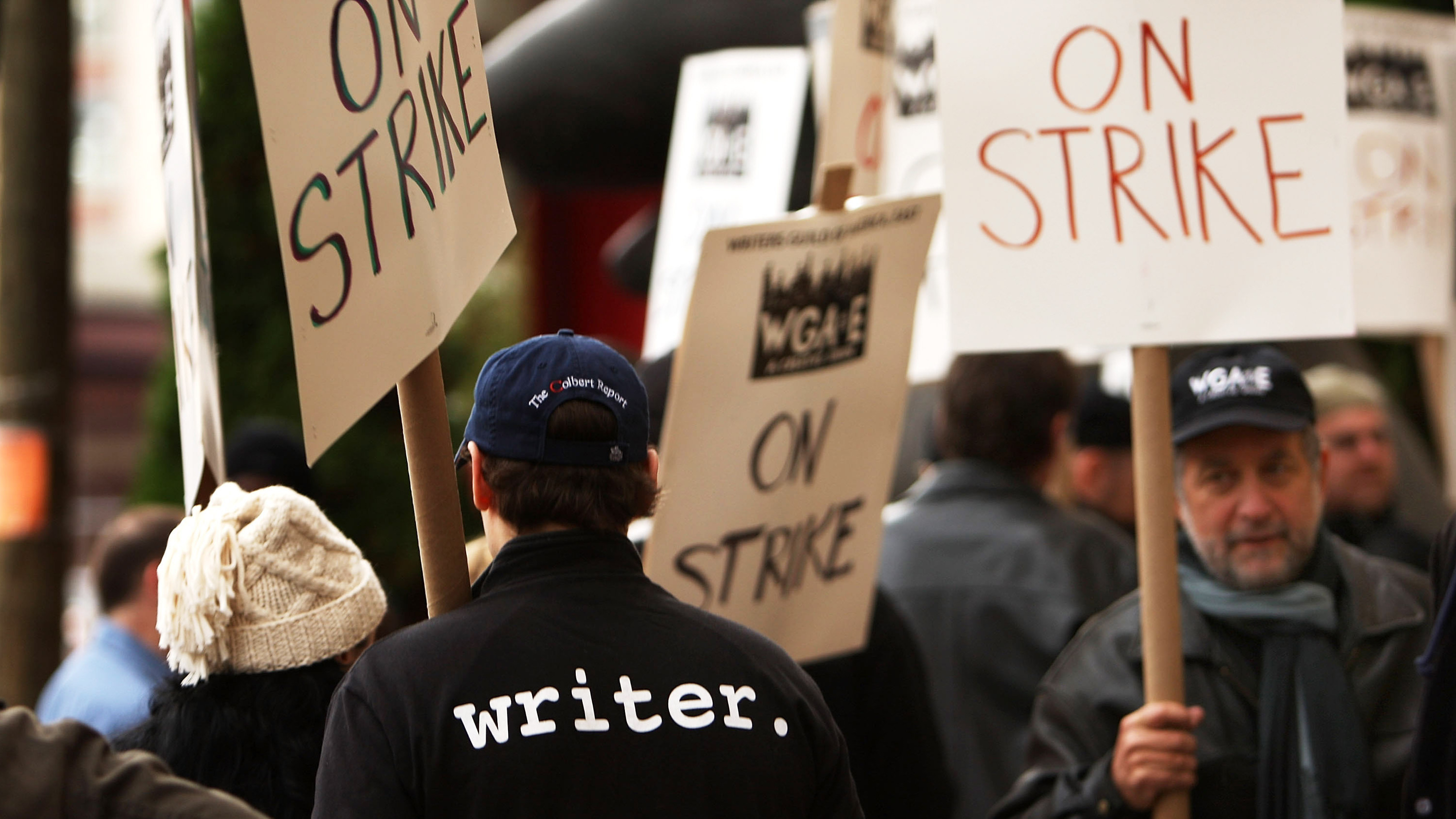 Members of the Writers Guild of America walk the picket line in 2007.