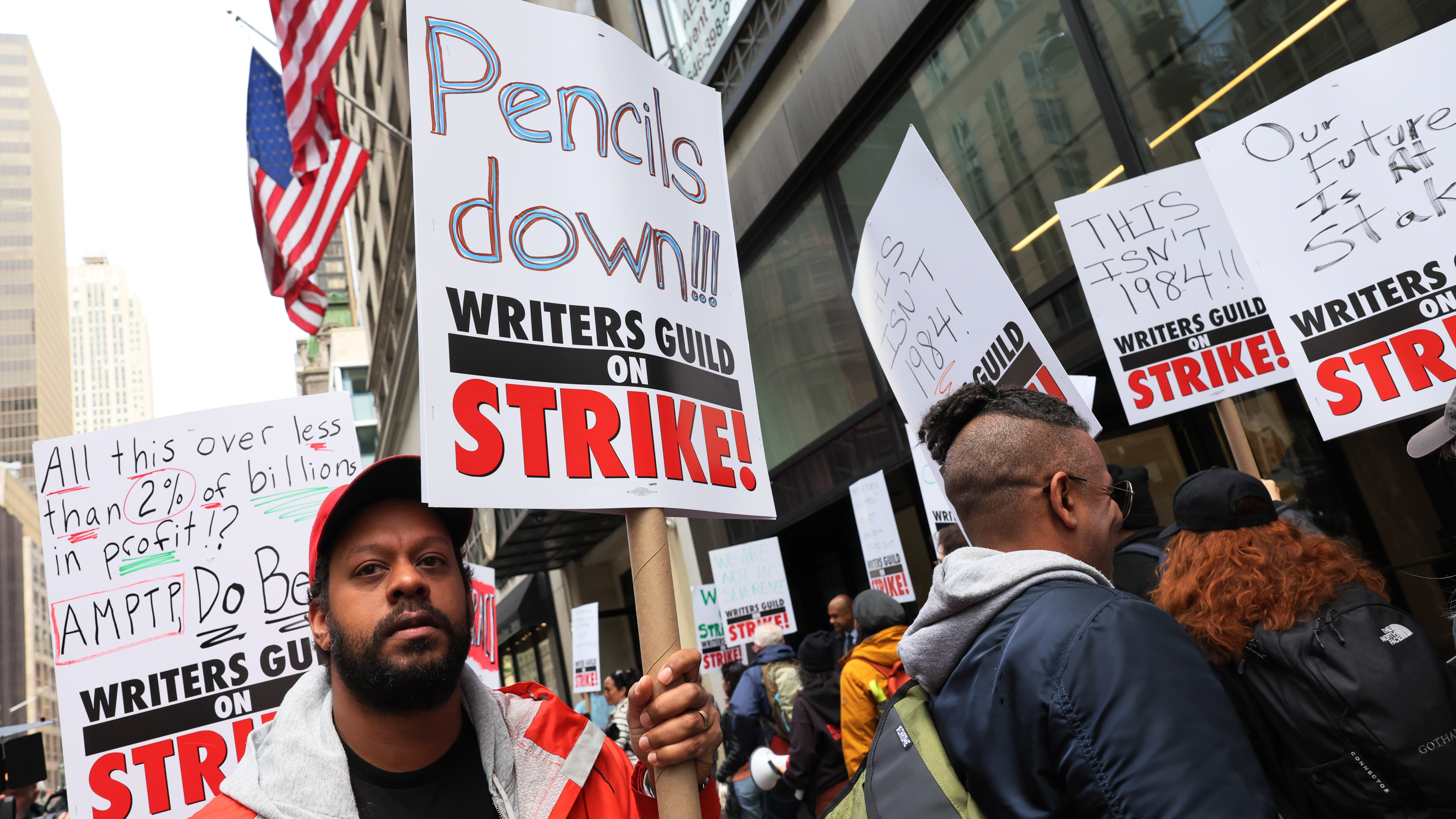 Members of the Writers Guild of America (WGA) East picketed outside of the Peacock NewFront on May 2, 2023 in New York City as the WGA strike began. (Getty Images)