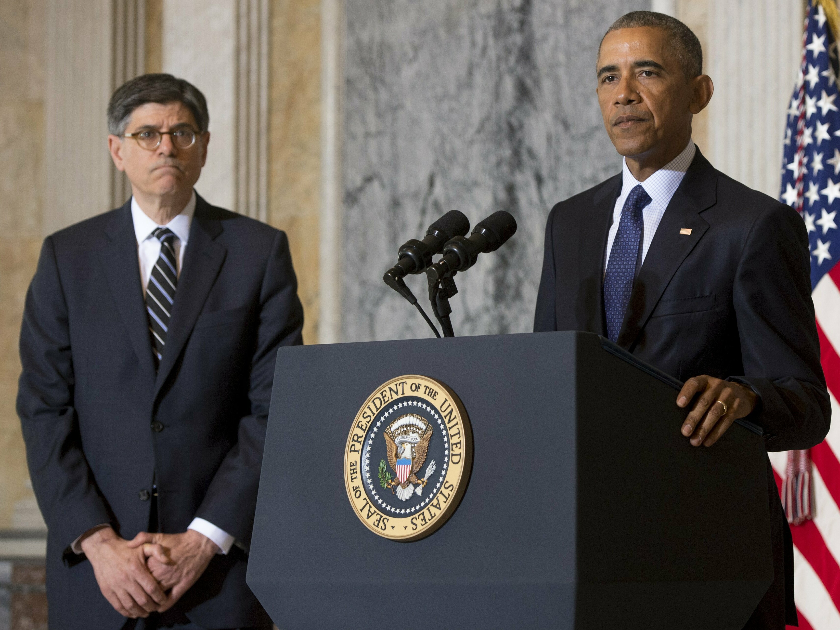 Then-President Barack Obama speaks alongside then-Treasury Secretary Jacob Lew in June 2016. (AFP via Getty Images)