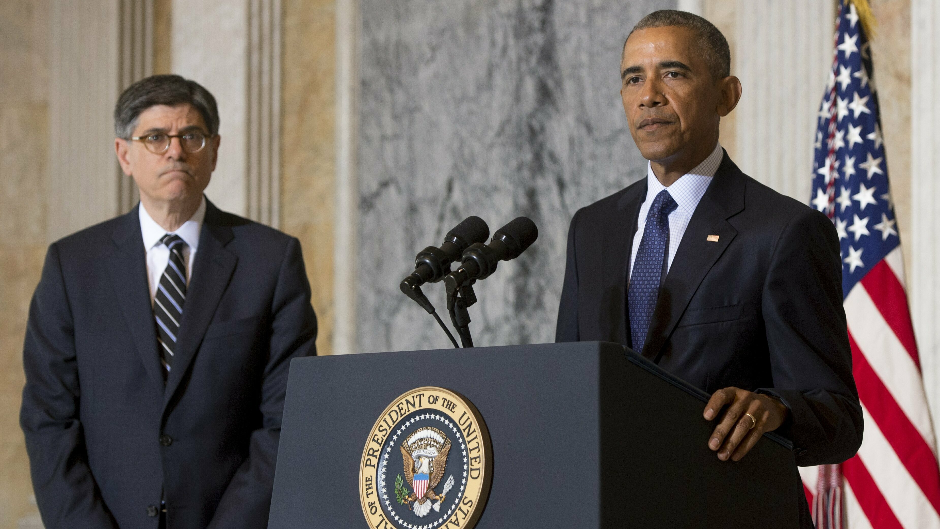 Then-President Barack Obama speaks alongside then-Treasury Secretary Jacob Lew in June 2016.