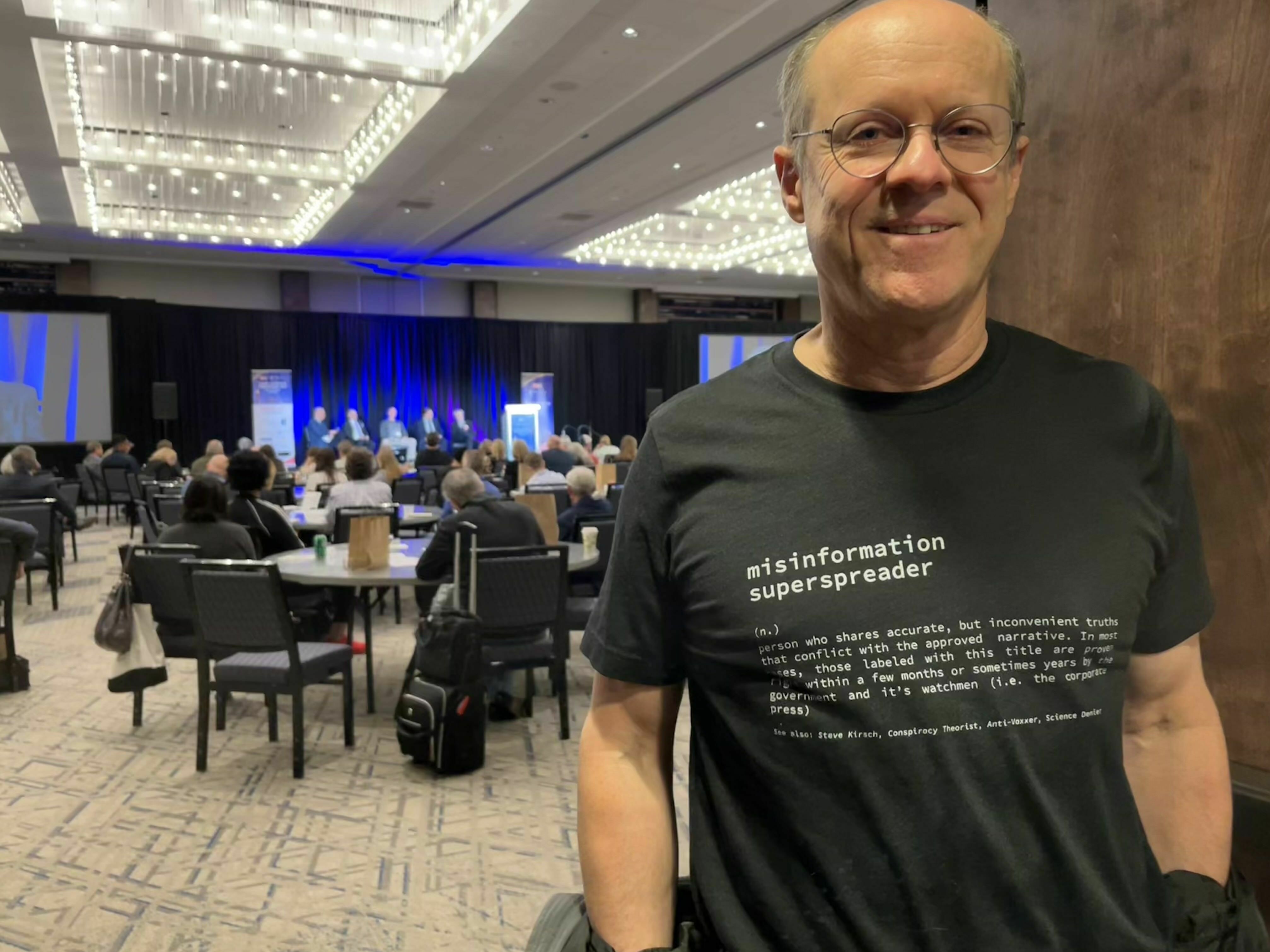 Steve Kirsch, a tech entrepreneur turned anti-vaccine activist, at a conference in Atlanta for future COVID and vaccine-related litigation that he helped organize and fund. (NPR)
