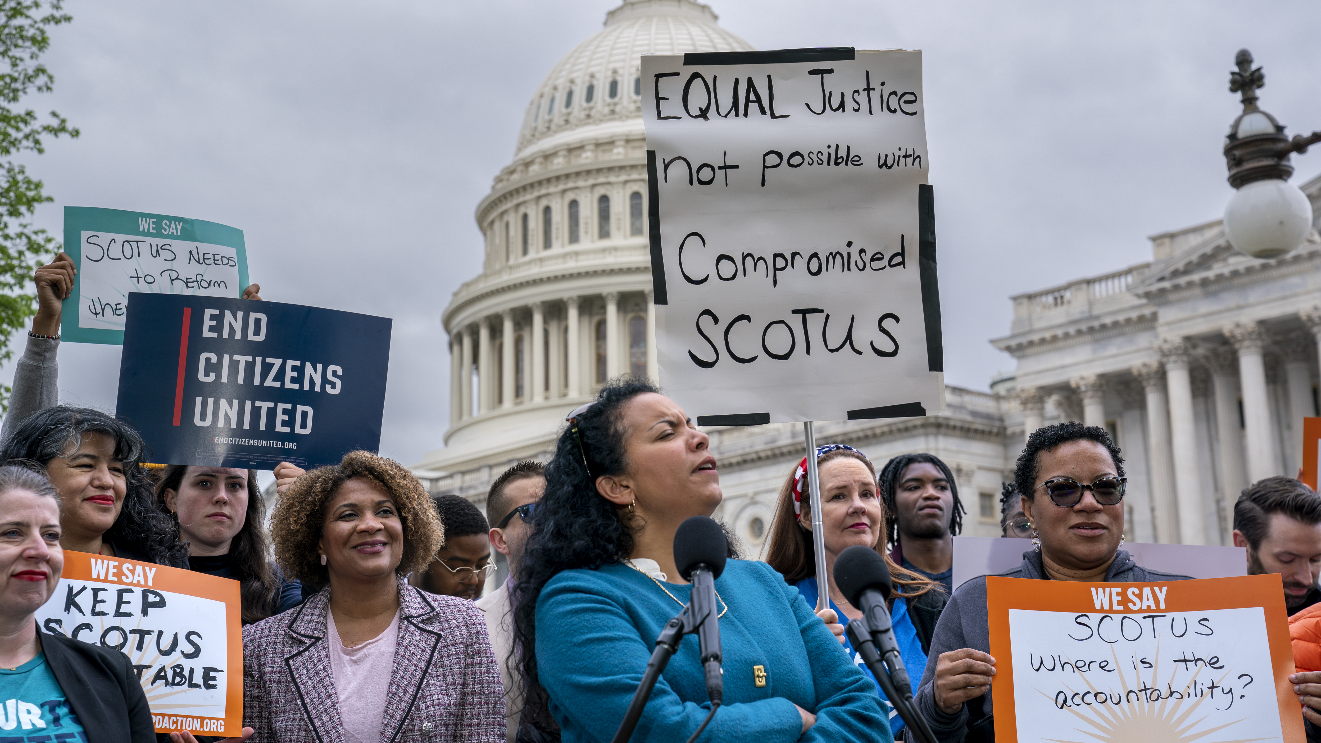 Activists call for ethics reform of the Supreme Court in Washington on May 2. The calls come amid recent allegations of misconduct among some Supreme Court justices.