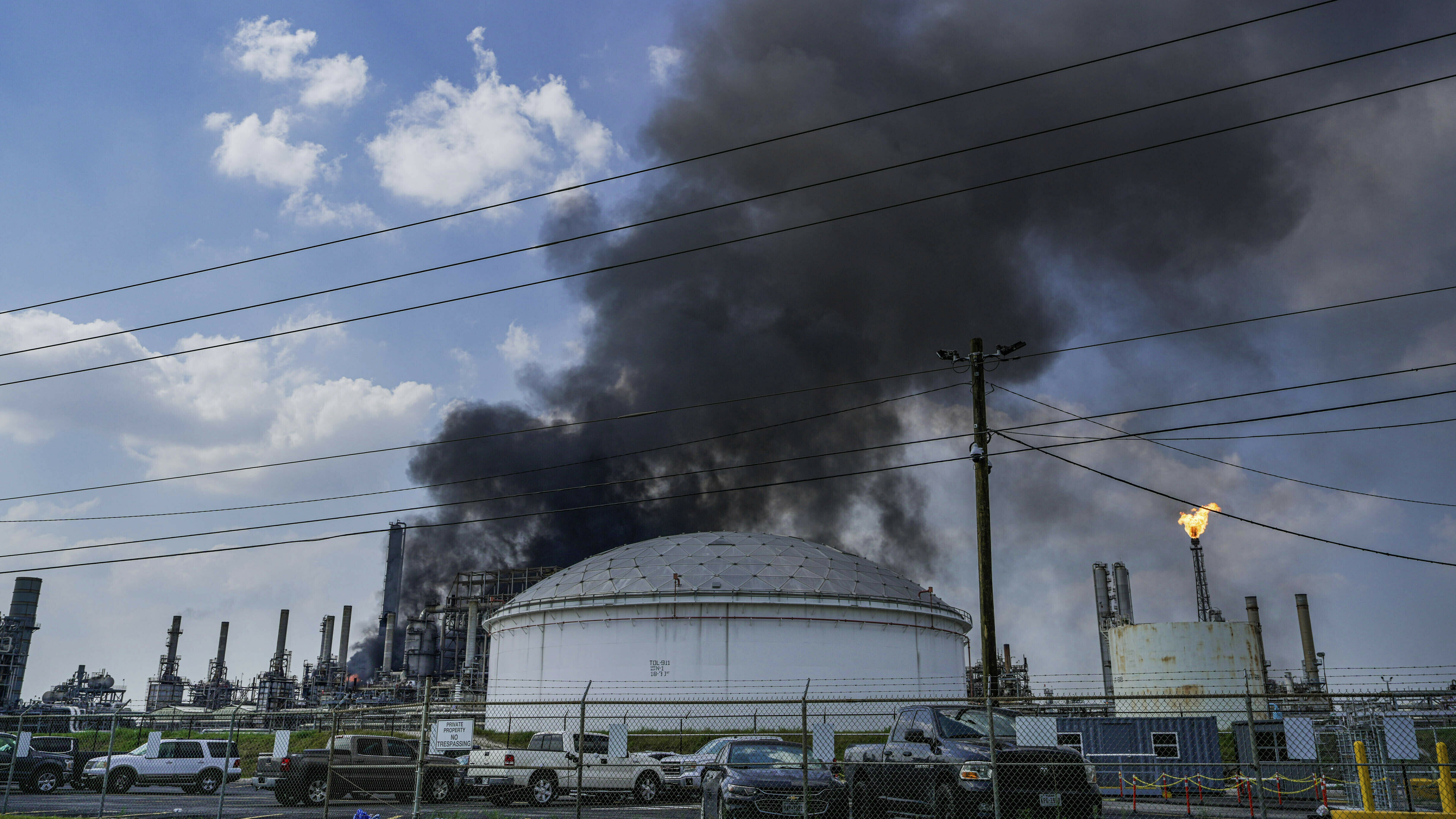 A fire burns at a Shell chemical facility in Deer Park, Friday, May 5, 2023, east of Houston.