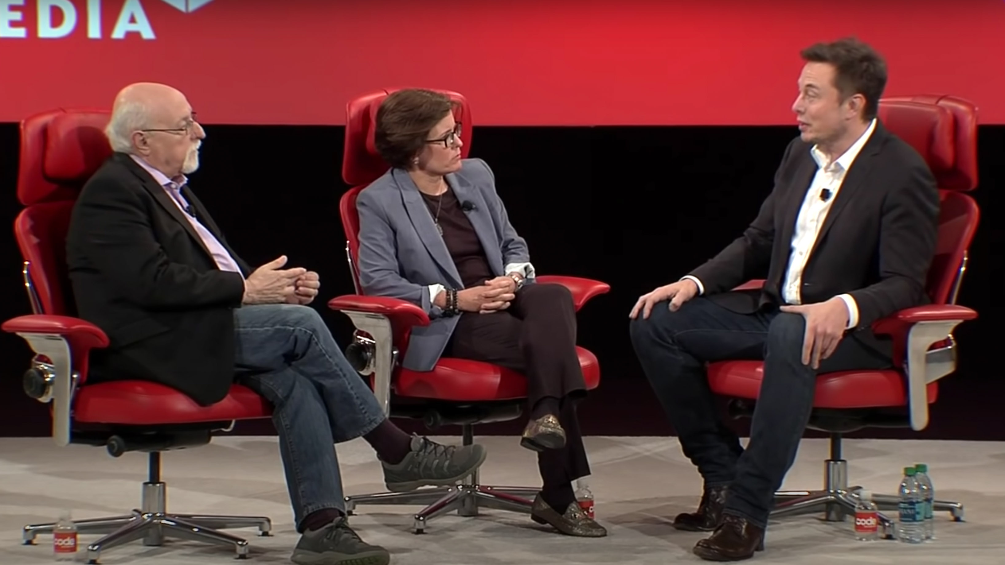 Elon Musk speaking to journalists Kara Swisher and Walt Mossberg at a conference in 2016. Musk