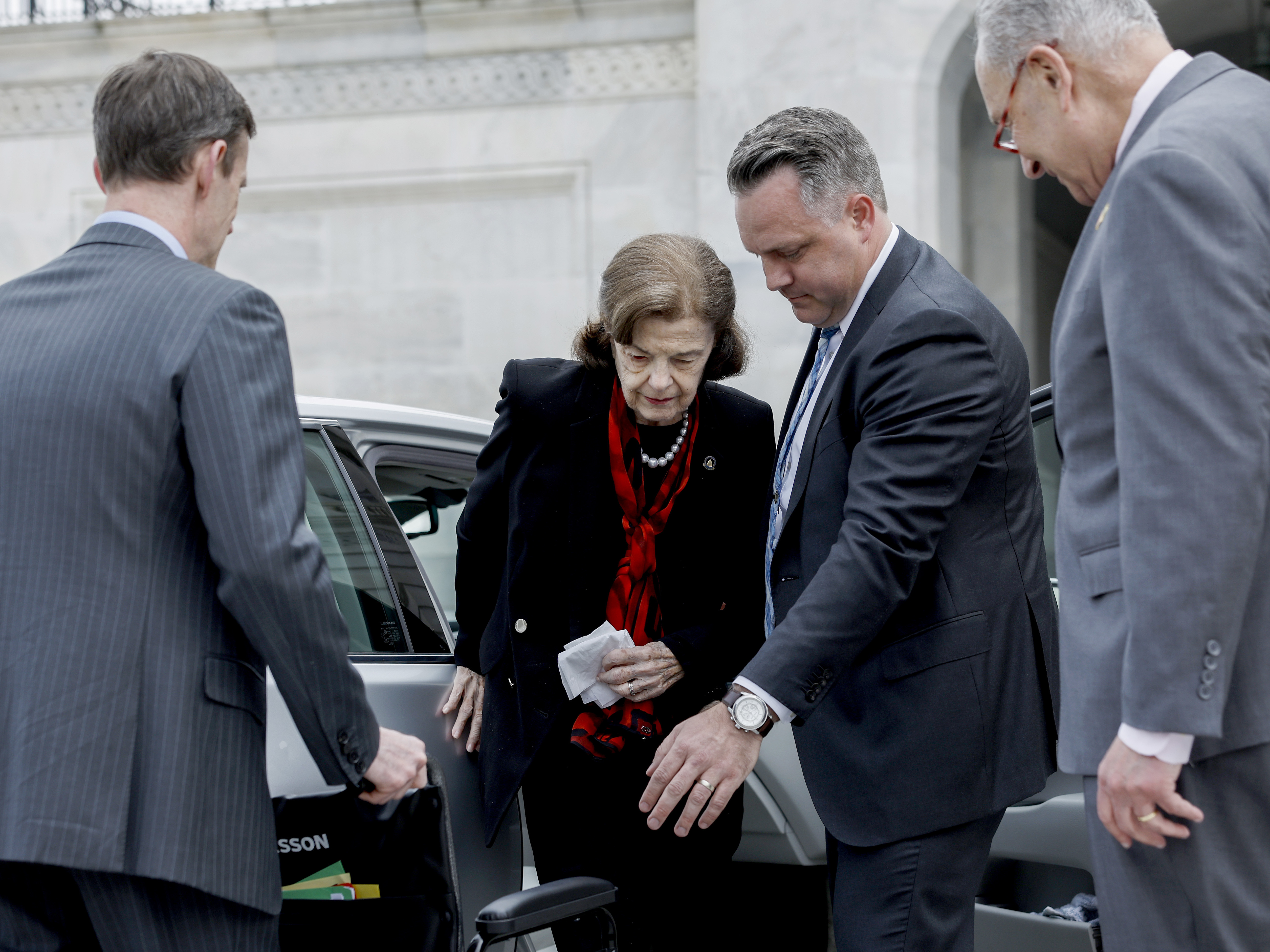 California Democratic Sen. Dianne Feinstein exits from her car as she returns to the U.S. Capitol Building on May 10. She returns after months away following a shingles diagnosis. (Getty Images)