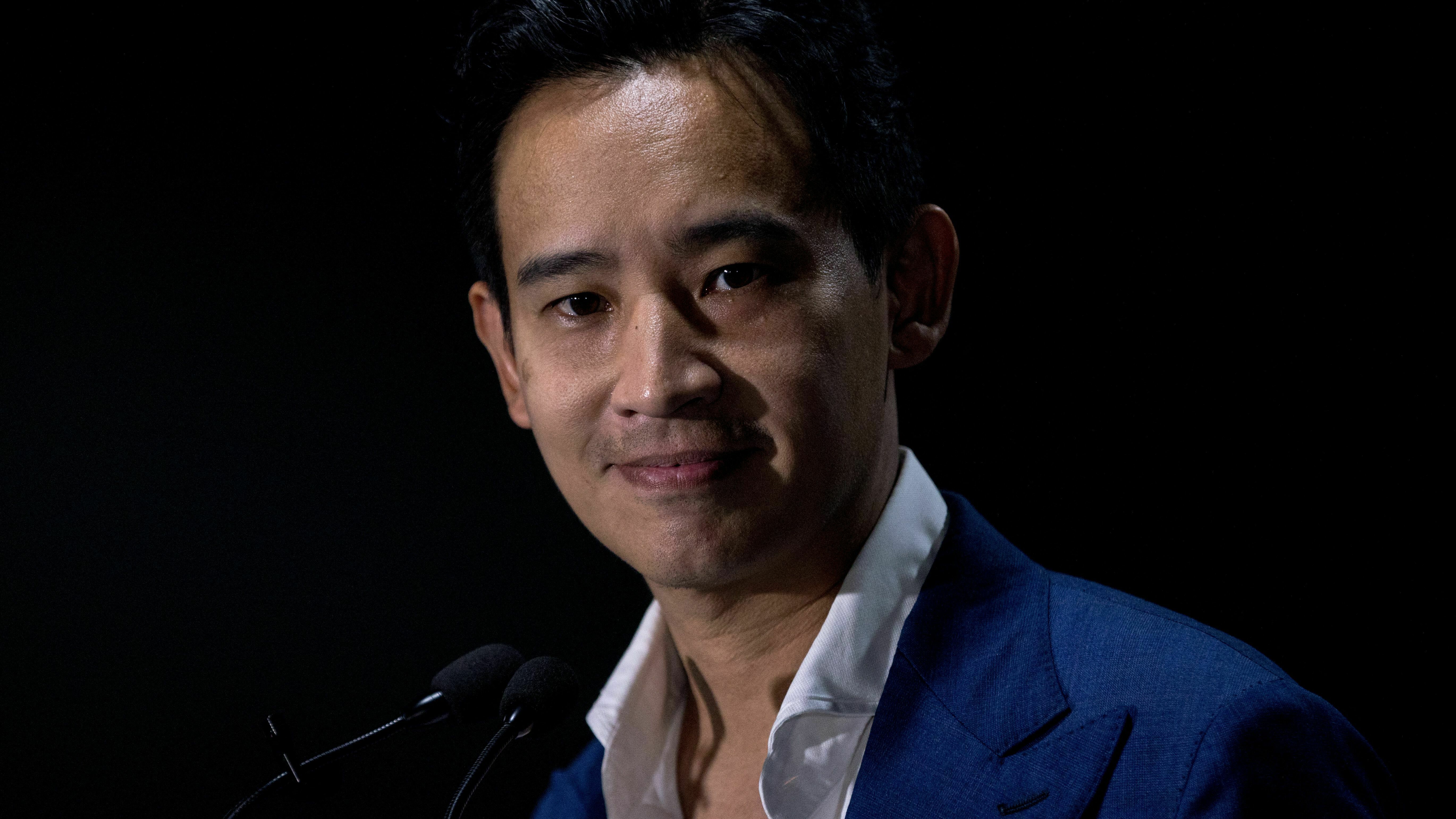 Move Forward Party leader and prime ministerial candidate Pita Limjaroenrat gives a press conference at the party headquarters in Bangkok on May 14 after polls closed in Thailand