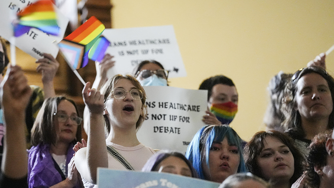 LGBTQ+ activists protest Senate Bill 14 at the Texas Capitol, Friday, May 12, 2023, in Austin, Texas.