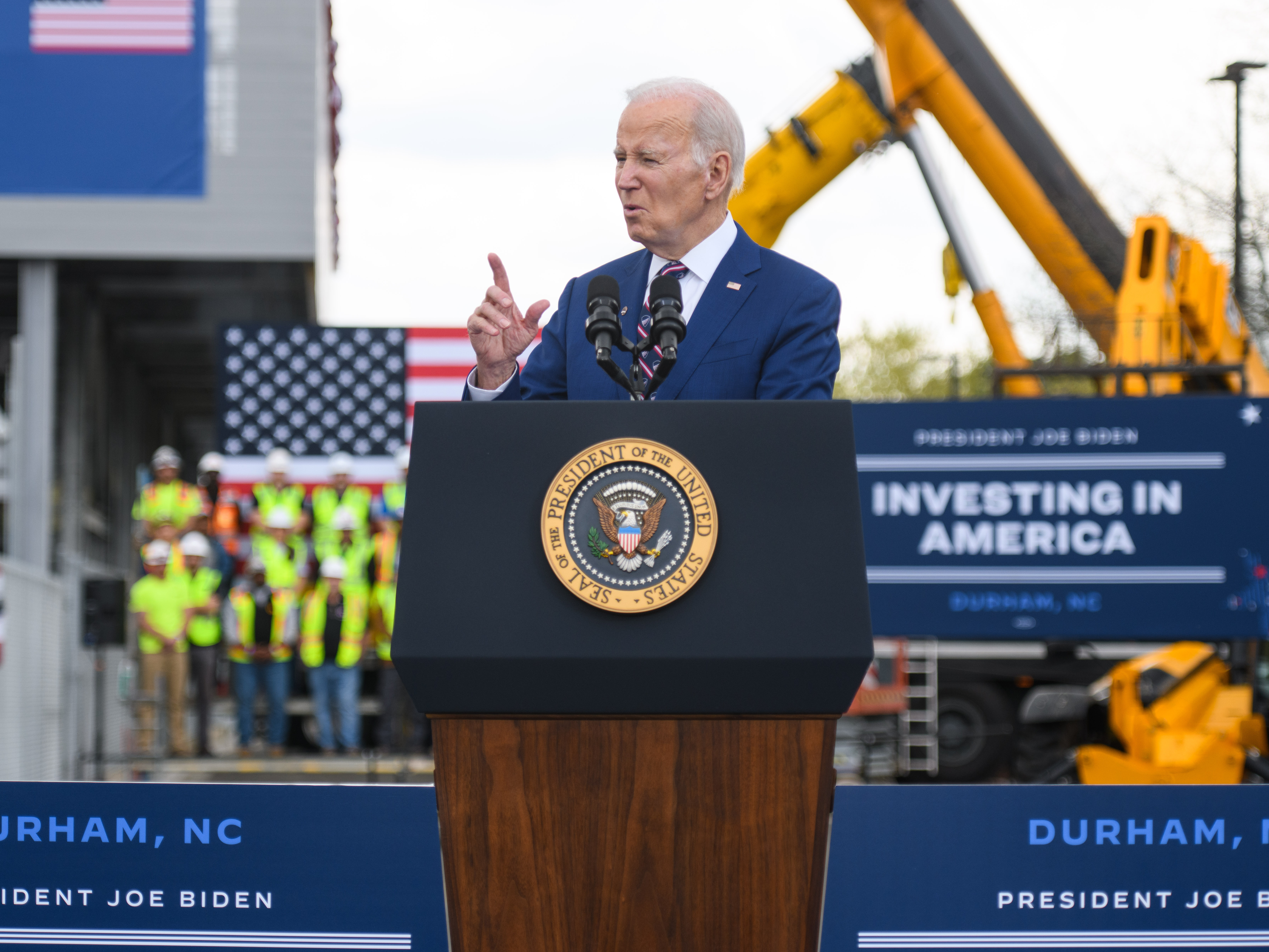 President Biden talks about his push to expand manufacturing jobs during a March 28 visit to Wolfspeed Inc., a semiconductor manufacturer in Durham, N.C. (Getty Images)