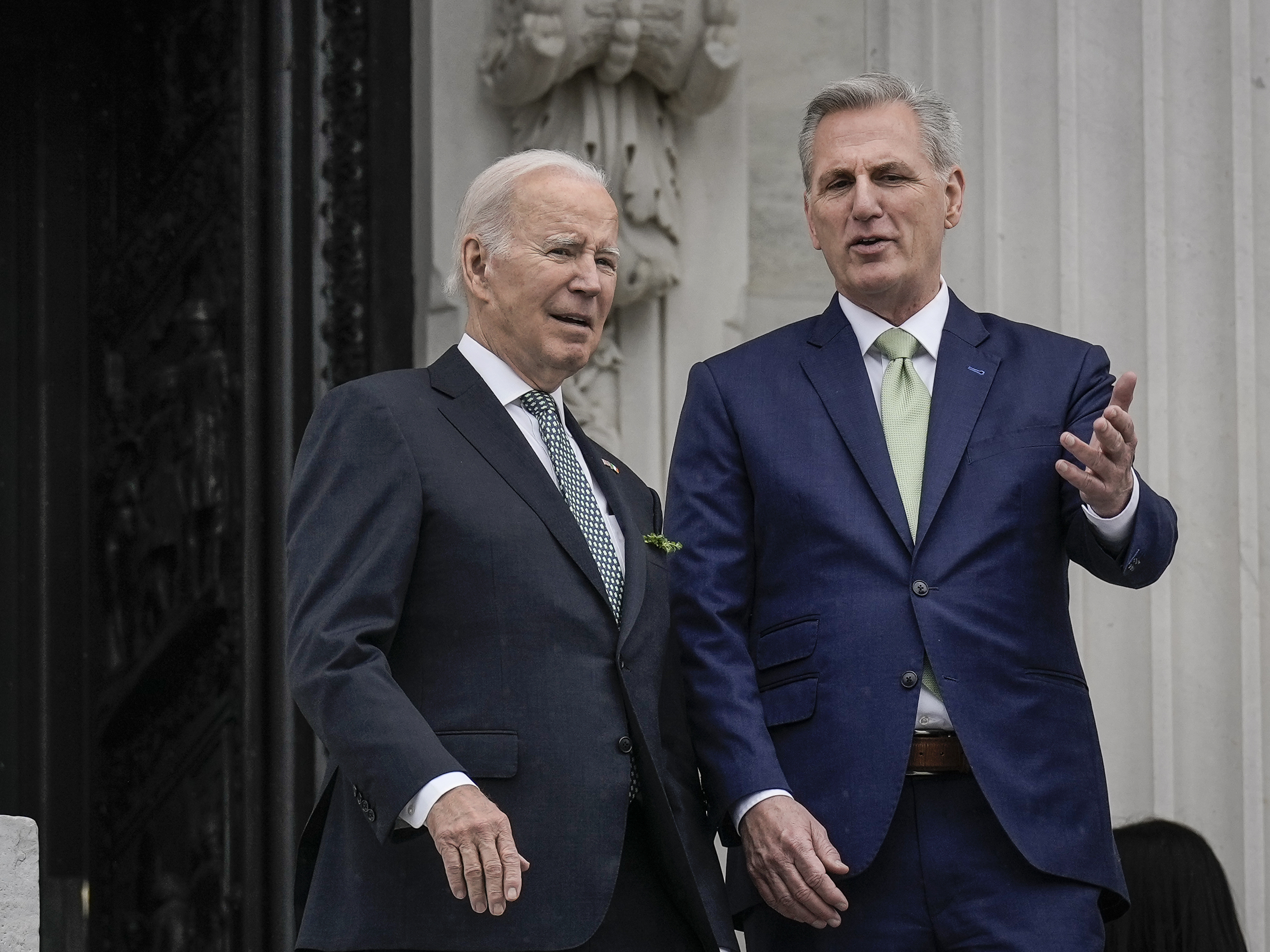 President Biden and House Speaker Kevin McCarthy, seen here speaking at the U.S. Capitol on March 17, agreed to a deal that would raise the debt ceiling. (Getty Images)