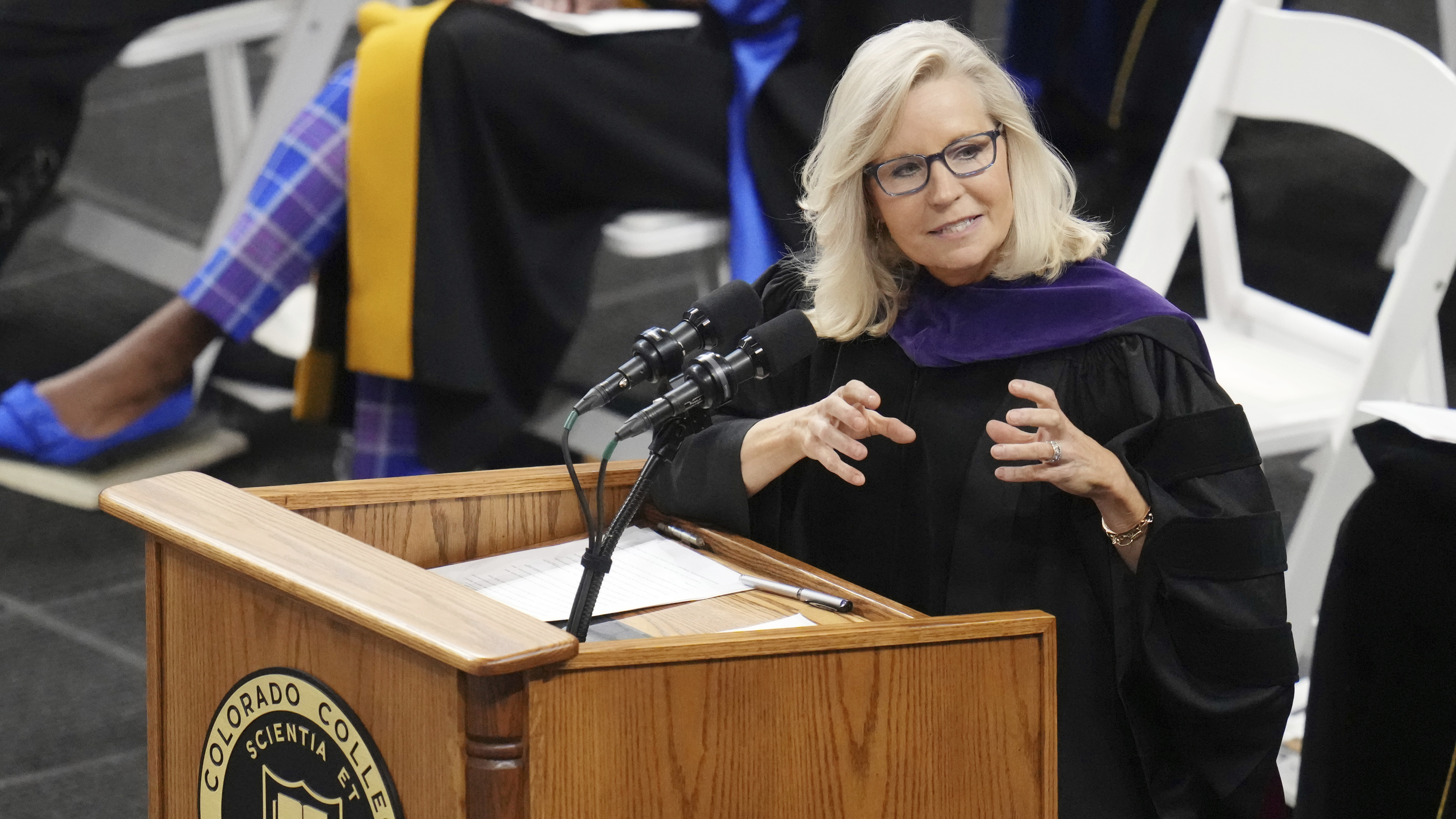 Former U.S. Rep. Liz Cheney, R-Wyo., delivers the commencement address at Colorado College on Sunday in Colorado Springs, Colo. She urged the 2023 graduates to not compromise on the truth.