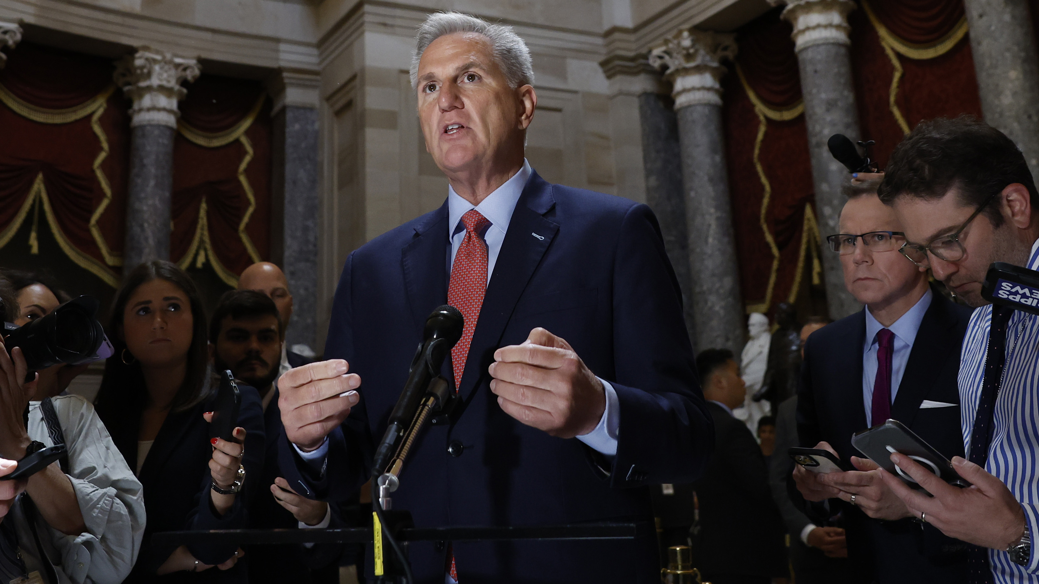 House Speaker Kevin McCarthy speaks to members of the media at the U.S. Capitol in Washington, D.C., on May 24, 2023. The House is set to vote on a debt deal on Wednesday.