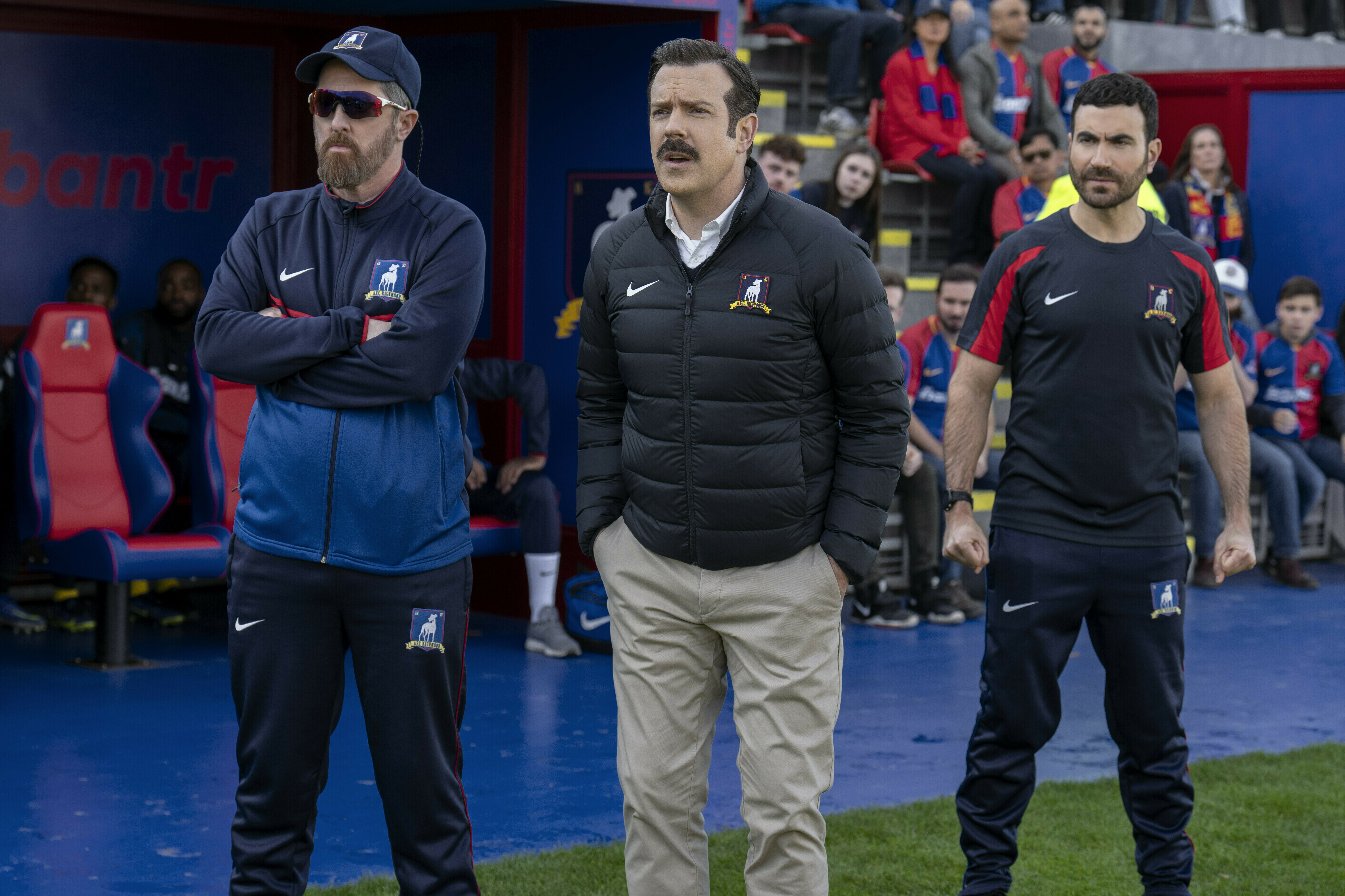 Brendan Hunt, Jason Sudeikis, and Brett Goldstein as Richmond coaches Beard, Ted and Roy. (Apple)