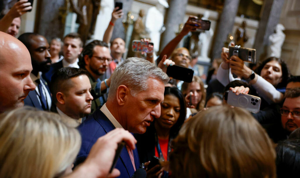 House Speaker Kevin McCarthy, R-Calif., speaks to reporters about debt ceiling negotiations at the U.S. Capitol on Tuesday. (Getty Images)