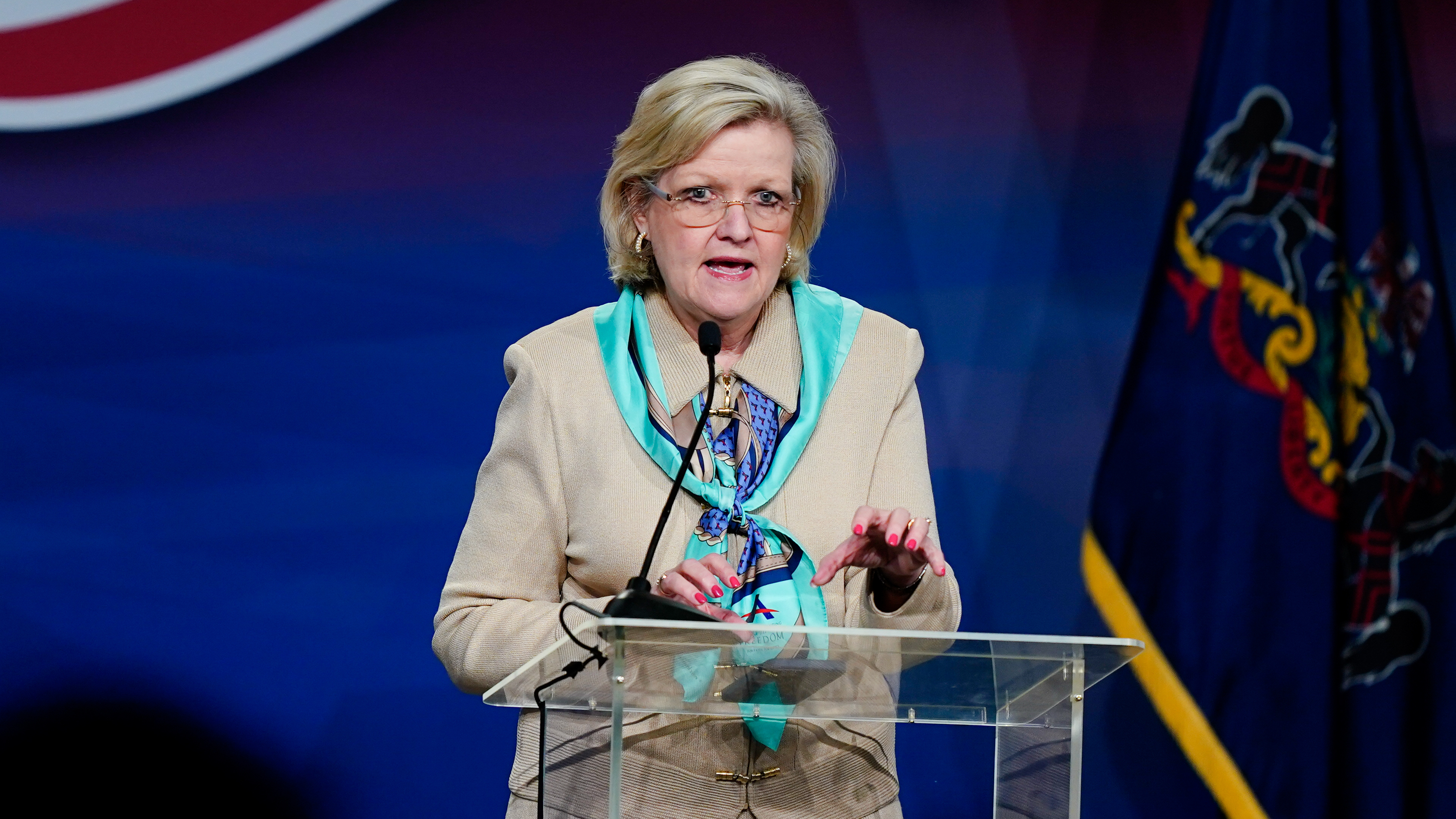 Cleta Mitchell speaks at a conference in Camp Hill, Pa., on April 1, 2022. The influential conservative attorney helped former President Donald Trump as he sought to overturn the 2020 election. She