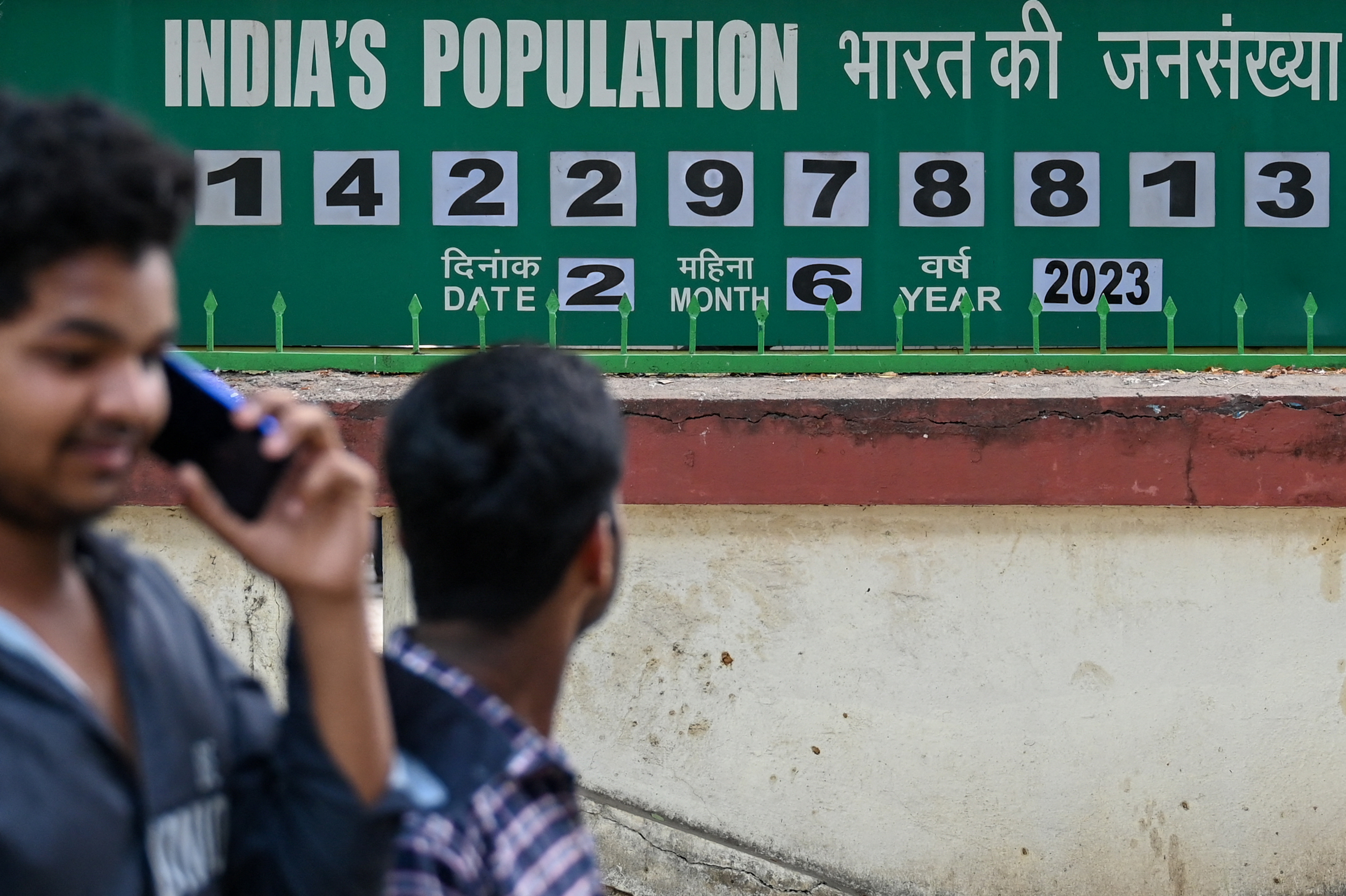 India is number 1 in global population. This clock board outside the International Institute for Population Sciences in Mumbai keeps track of the numbers. The photo is from June 2, 2023. (AFP via Getty Images)