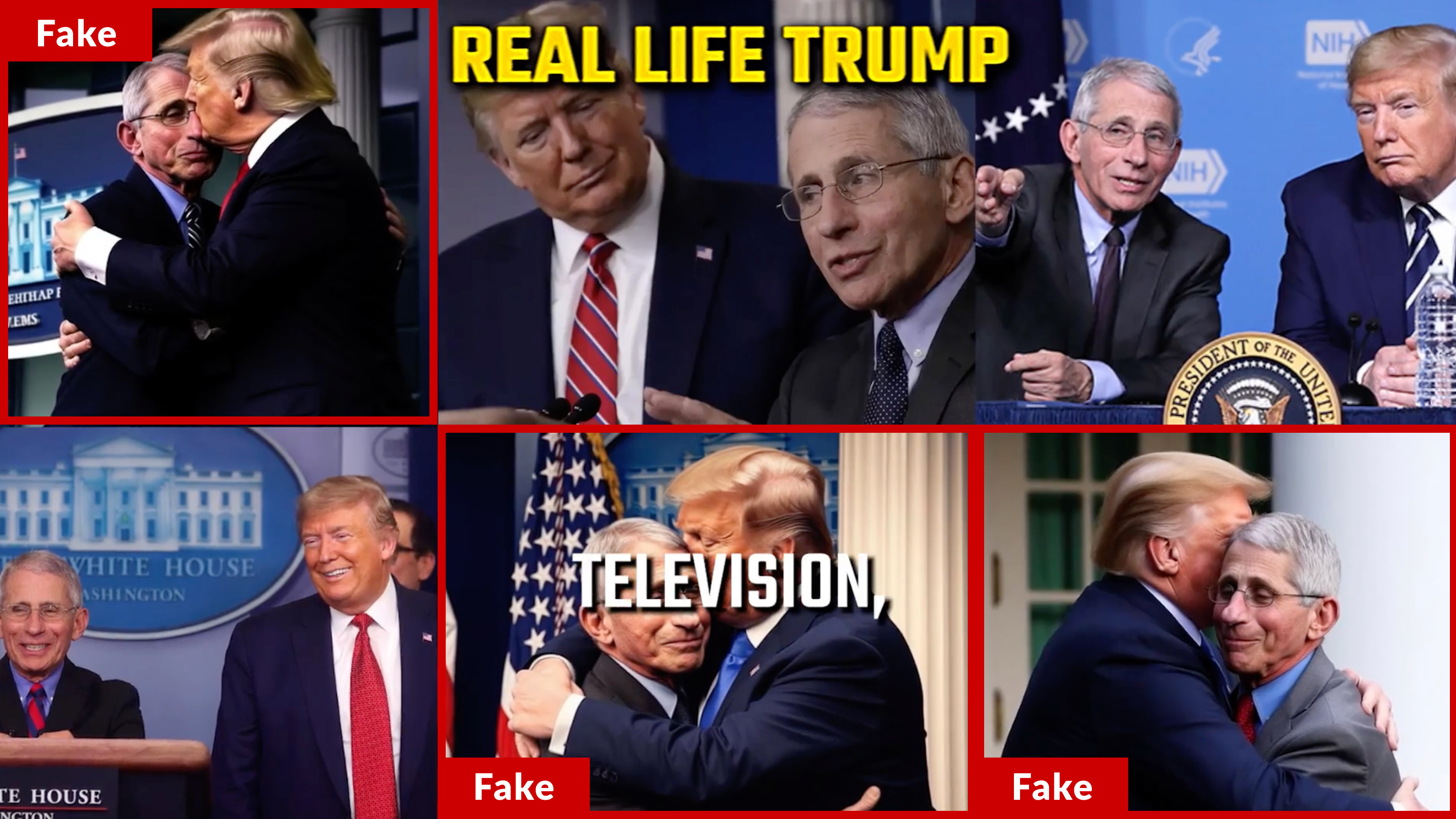 A recent video from Republican presidential candidate and Florida Gov. Ron DeSantis includes an image with three fake photos of former President Donald Trump and Dr. Anthony Fauci hugging. These three images appear to be AI-generated. (Screenshot and annotation by NPR)