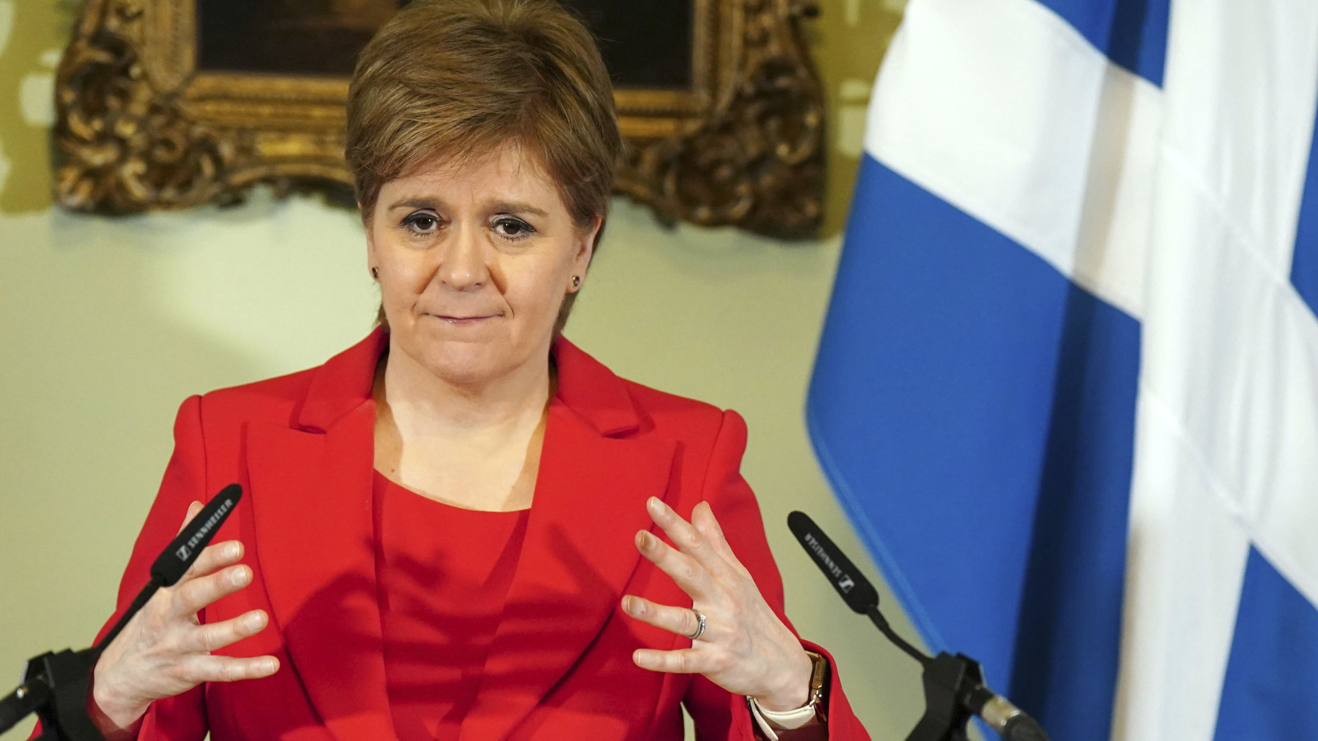 Former Scottish First Minister Nicola Sturgeon speaks during a press conference in February at Bute House in Edinburgh. Sturgeon has been arrested by police investigating the finances of Scotland