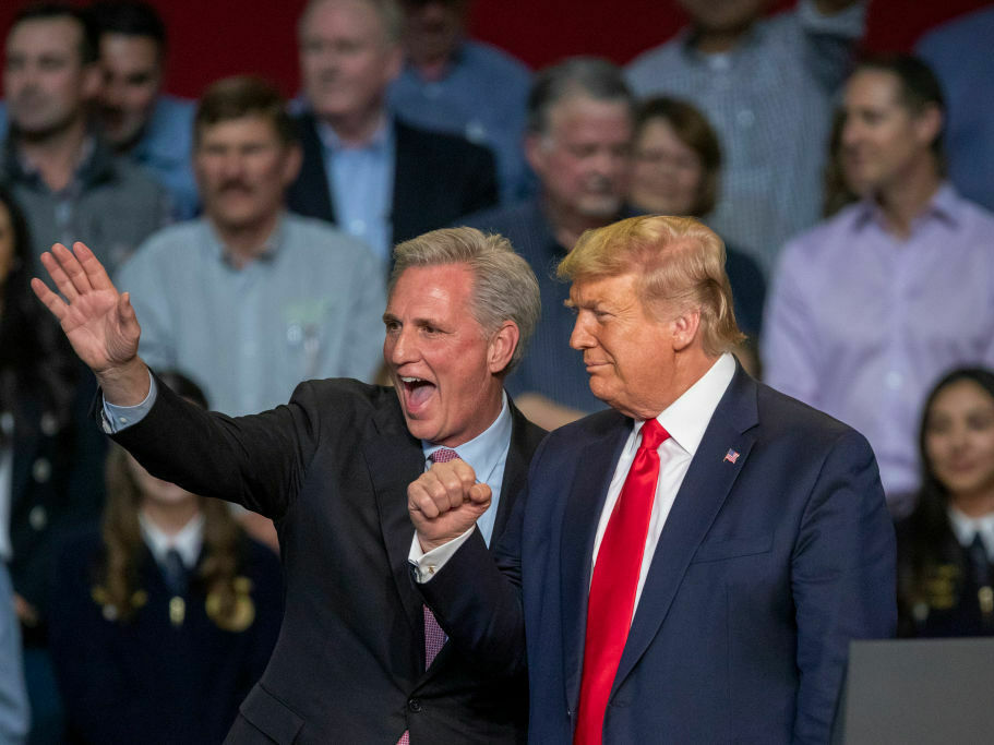 Rep. Kevin McCarthy, who is now House speaker, and then-President Trump attend a rally in Bakersfield, Calif., on Feb. 19, 2020. McCarthy said House investigators would play a key role in scrutinizing the investigations into the former president. (Getty Images)