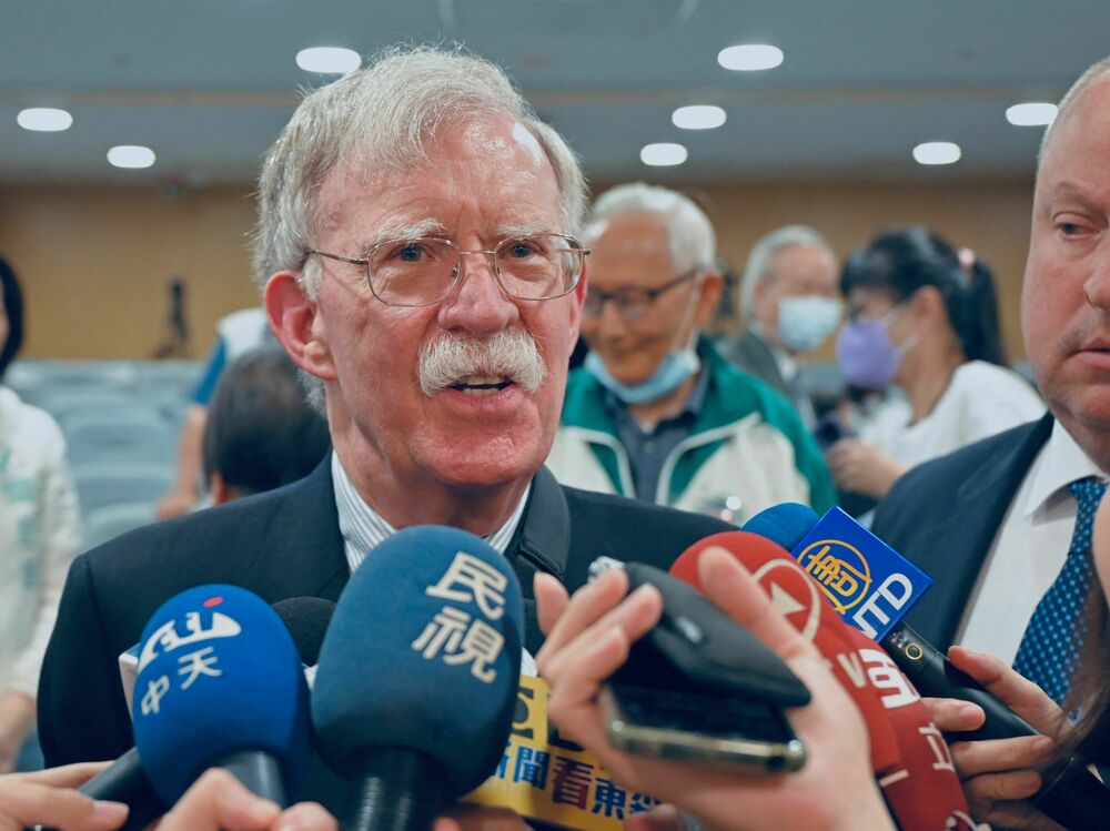 Former U.S. national security adviser John Bolton speaks to members of the media in Taipei in April. (AFP via Getty Images)